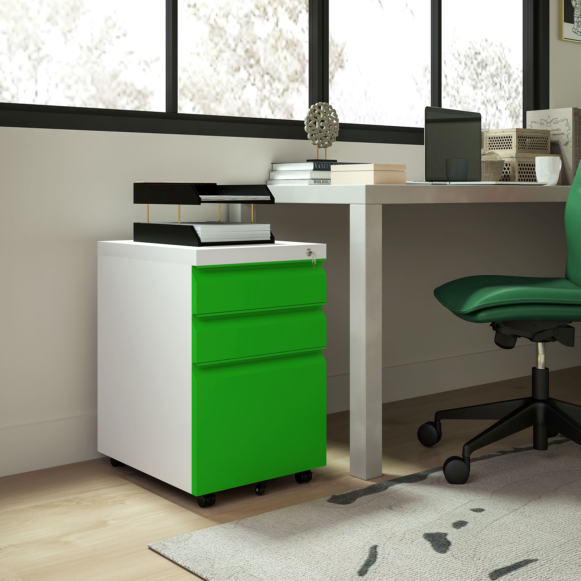 Vinsetto Metal Filing Cabinet with 3 Drawers, Vertical File Cabinet with Lock, Mobile Office Cabinet with Wheels for Legal, Letter, A4 Files, Green