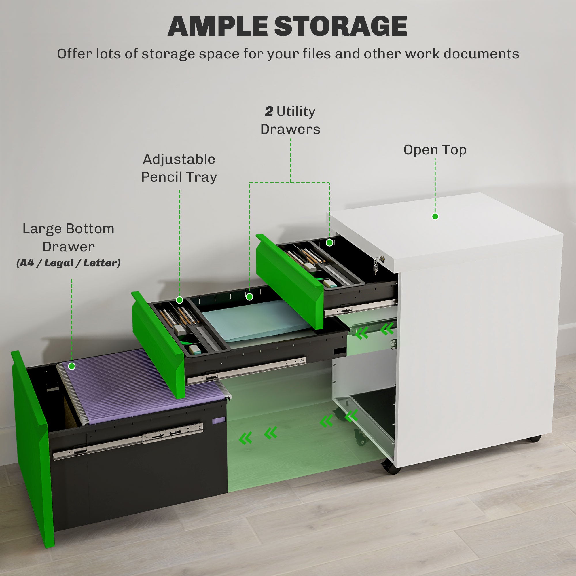 Vinsetto Metal Filing Cabinet with 3 Drawers, Vertical File Cabinet with Lock, Mobile Office Cabinet with Wheels for Legal, Letter, A4 Files, Green