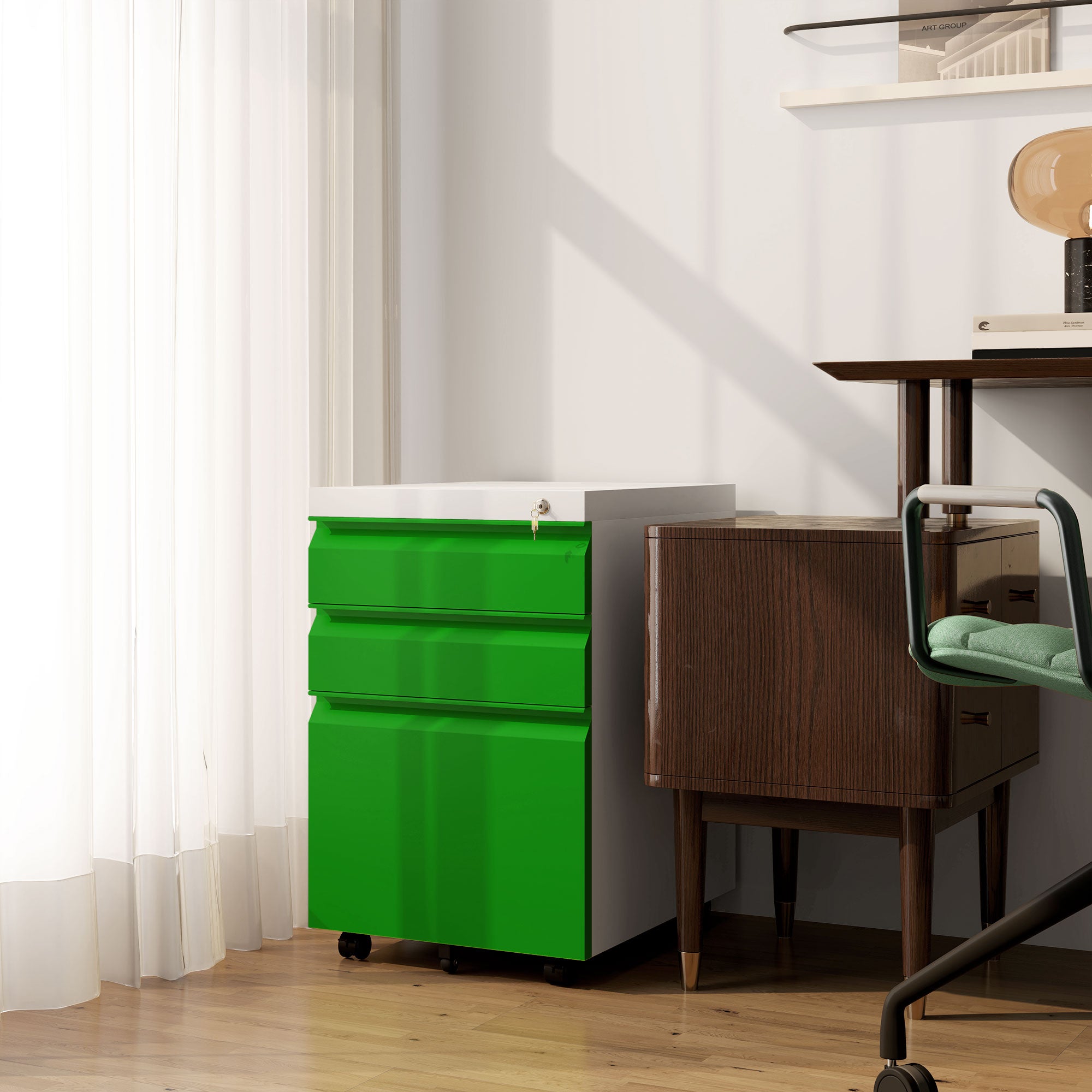 Vinsetto Metal Filing Cabinet with 3 Drawers, Vertical File Cabinet with Lock, Mobile Office Cabinet with Wheels for Legal, Letter, A4 Files, Green
