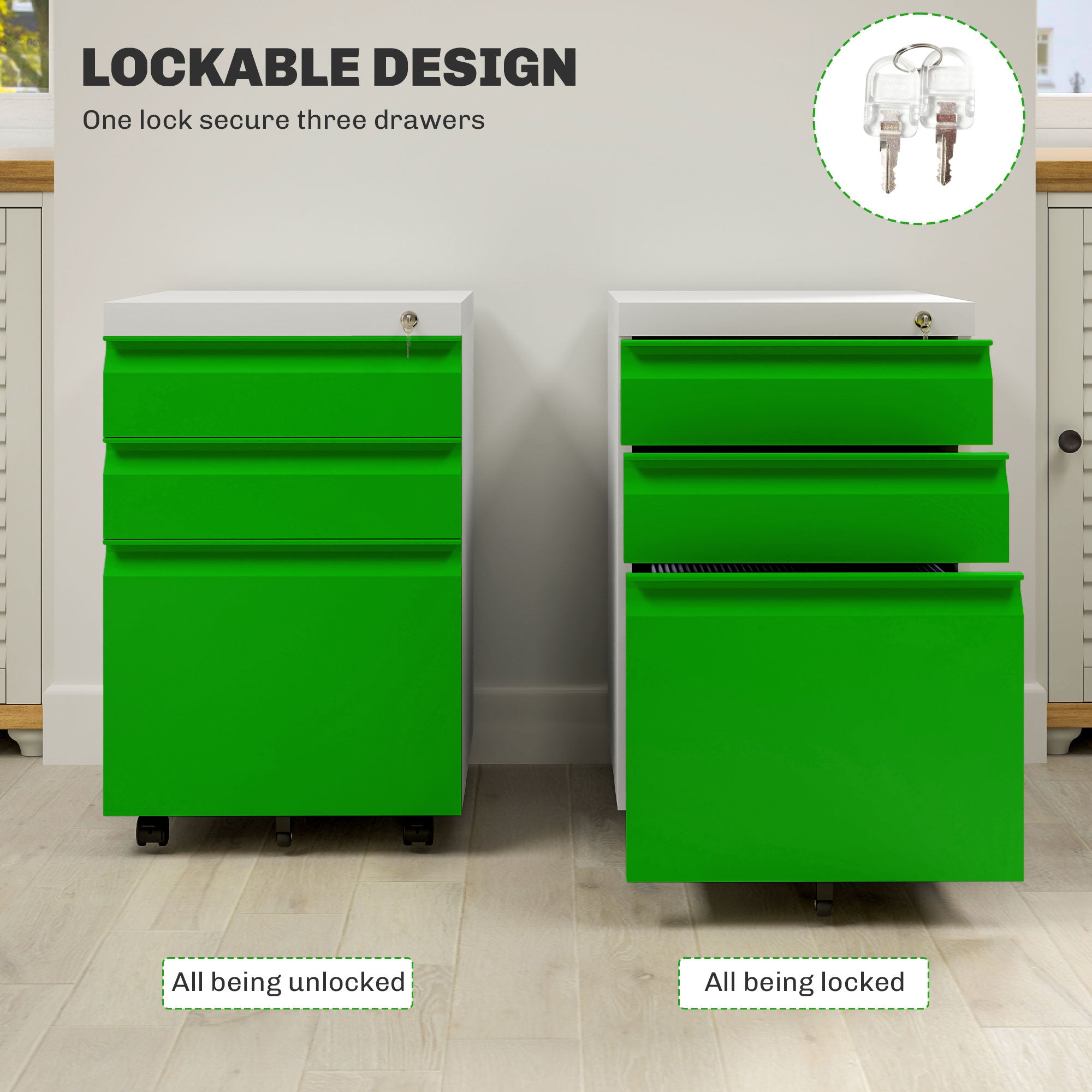Vinsetto Metal Filing Cabinet with 3 Drawers, Vertical File Cabinet with Lock, Mobile Office Cabinet with Wheels for Legal, Letter, A4 Files, Green