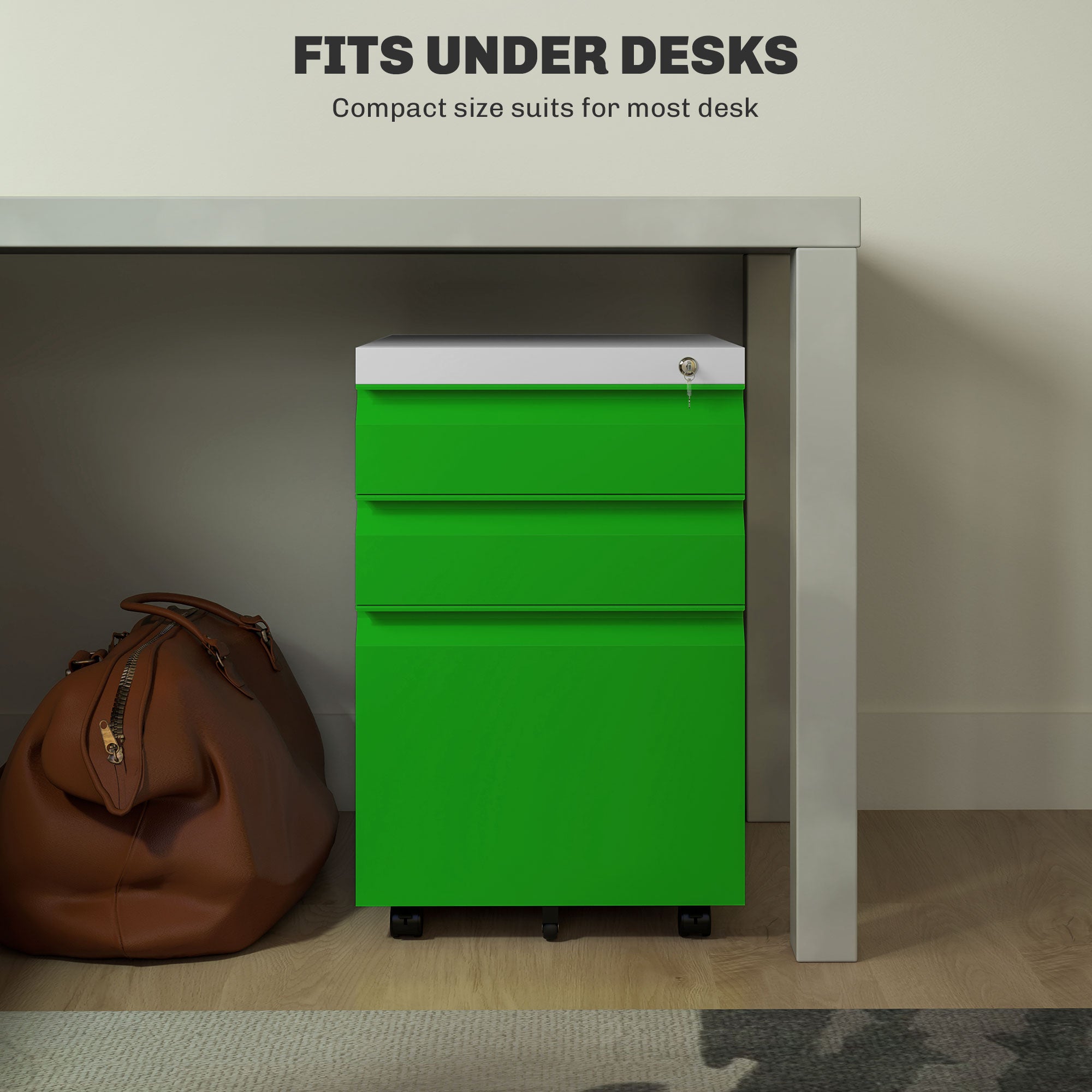 Vinsetto Metal Filing Cabinet with 3 Drawers, Vertical File Cabinet with Lock, Mobile Office Cabinet with Wheels for Legal, Letter, A4 Files, Green