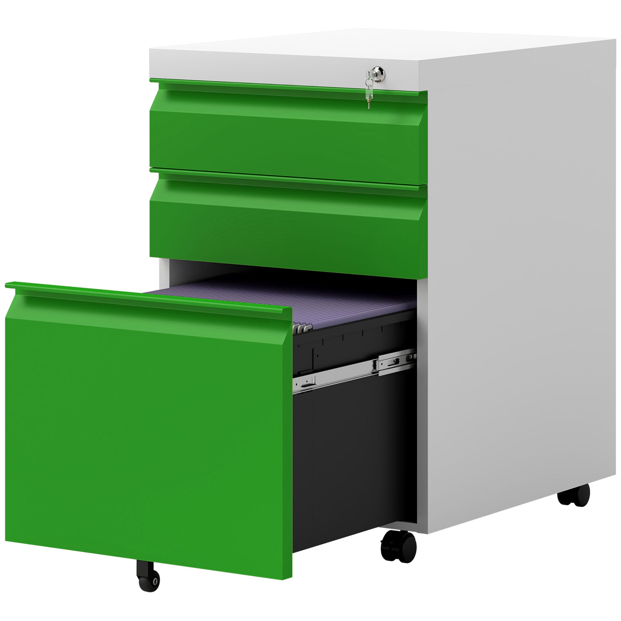 Vinsetto Metal Filing Cabinet with 3 Drawers, Vertical File Cabinet with Lock, Mobile Office Cabinet with Wheels for Legal, Letter, A4 Files, Green