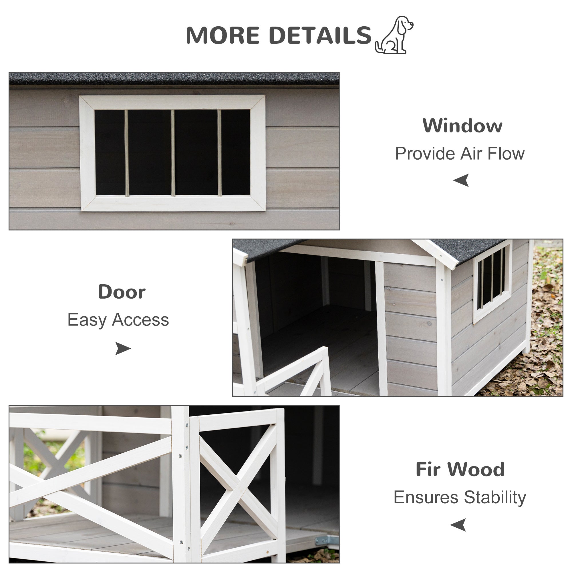 PawHut Outdoor Dog House Cabin Style, Wooden Raised Dog Shelter with Asphalt Roof, Front Door, Side Window, Porch for Medium to Large Dogs, Gray