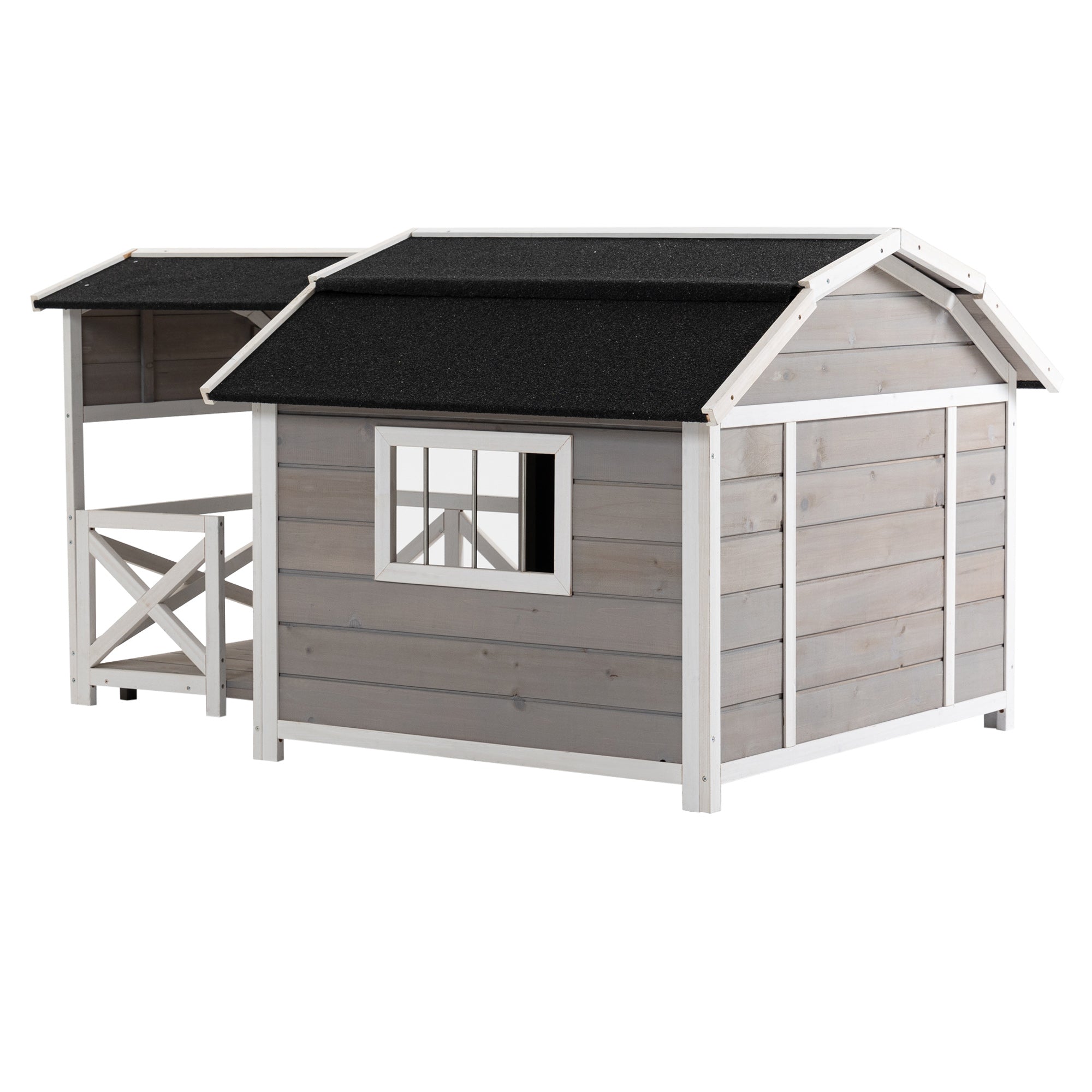 PawHut Outdoor Dog House Cabin Style, Wooden Raised Dog Shelter with Asphalt Roof, Front Door, Side Window, Porch for Medium to Large Dogs, Gray