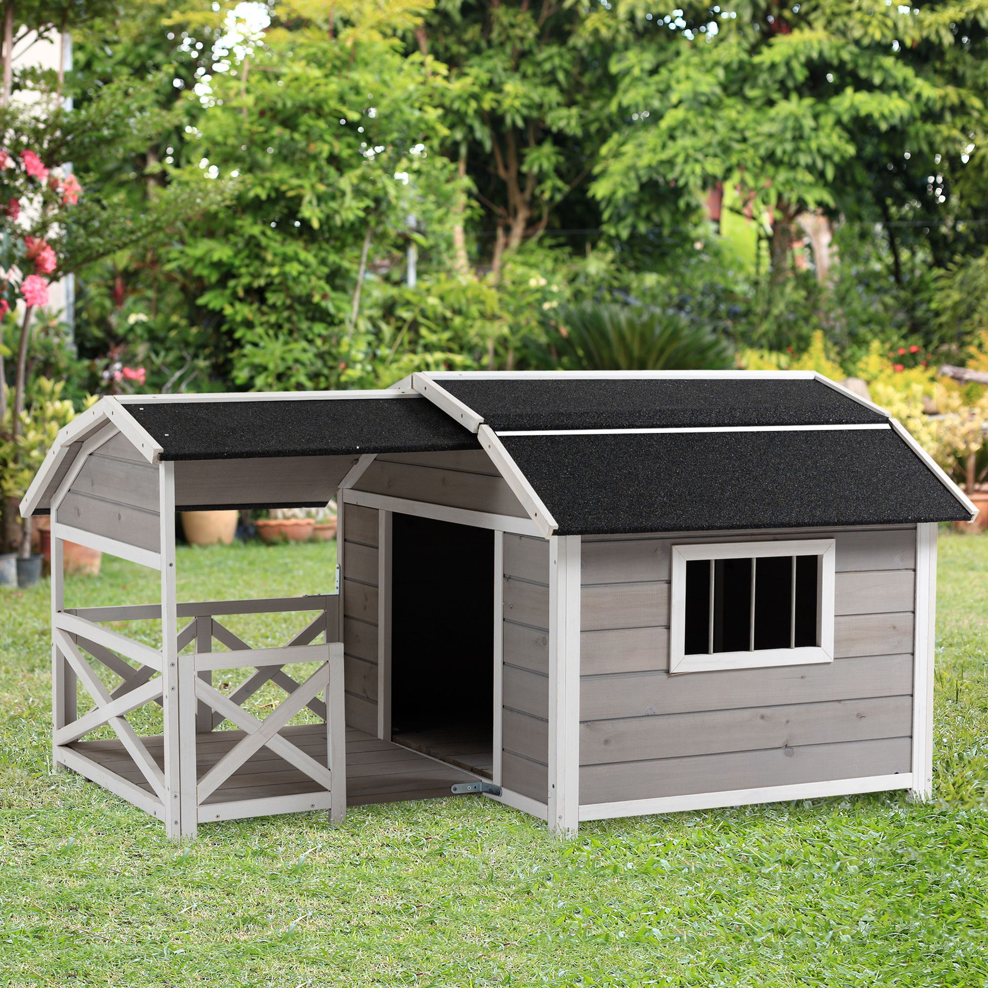 PawHut Outdoor Dog House Cabin Style, Wooden Raised Dog Shelter with Asphalt Roof, Front Door, Side Window, Porch for Medium to Large Dogs, Gray