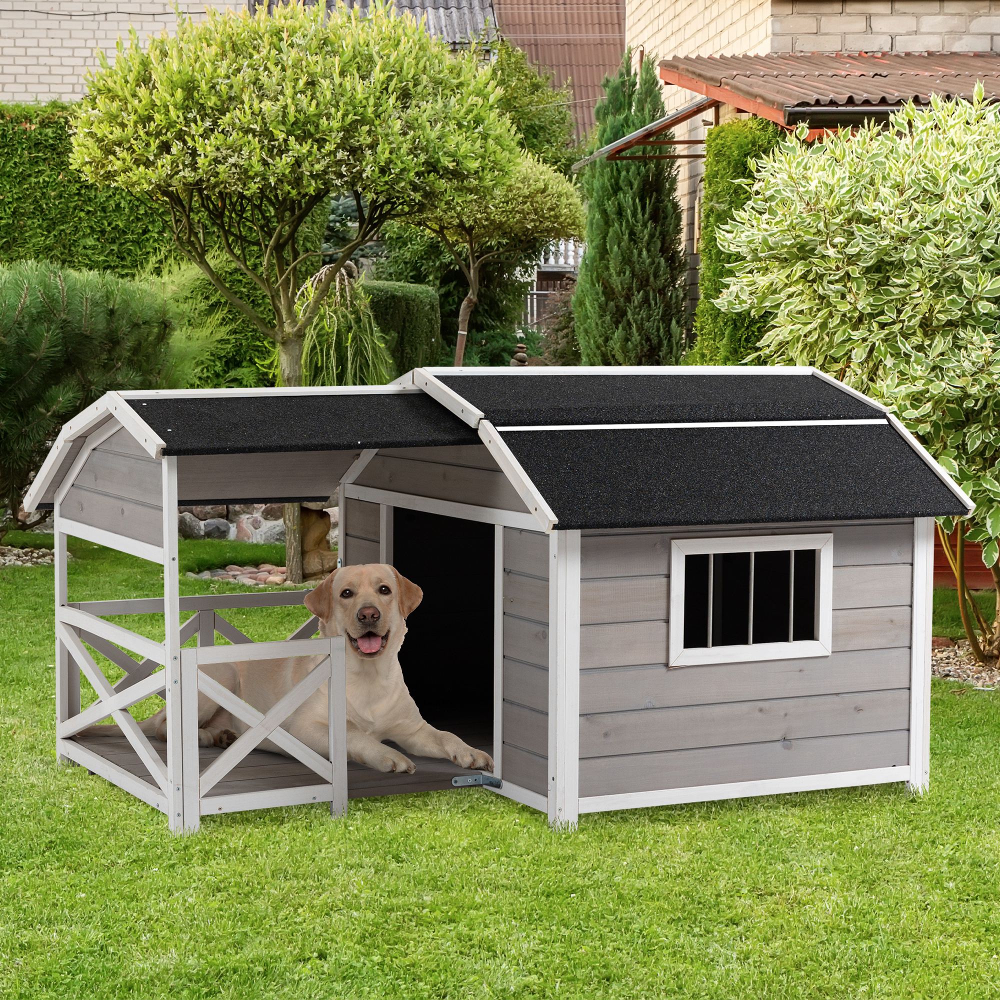 PawHut Outdoor Dog House Cabin Style, Wooden Raised Dog Shelter with Asphalt Roof, Front Door, Side Window, Porch for Medium to Large Dogs, Gray