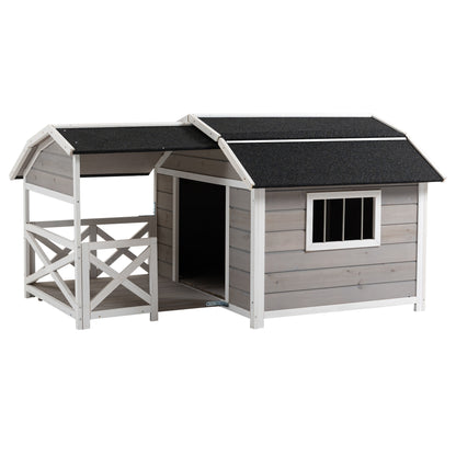 PawHut Outdoor Dog House Cabin Style, Wooden Raised Dog Shelter with Asphalt Roof, Front Door, Side Window, Porch for Medium to Large Dogs, Gray