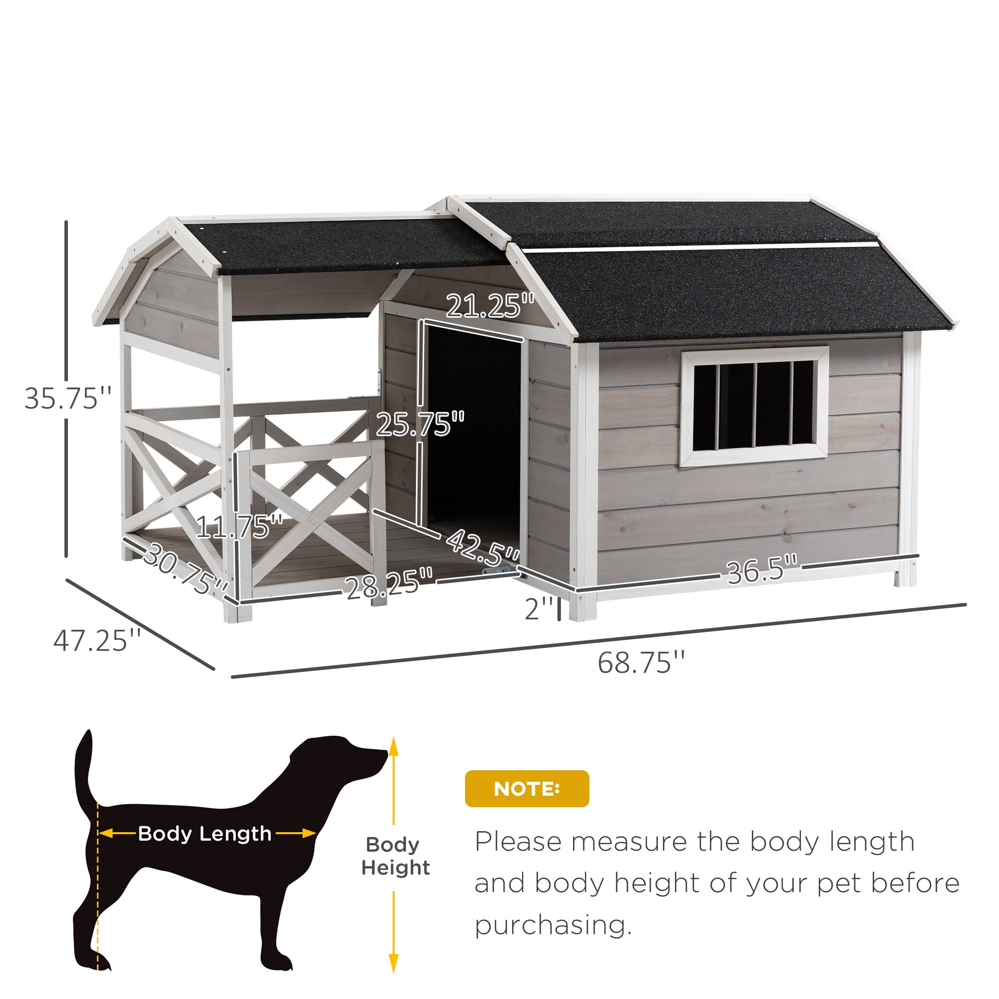 PawHut Outdoor Dog House Cabin Style, Wooden Raised Dog Shelter with Asphalt Roof, Front Door, Side Window, Porch for Medium to Large Dogs, Gray