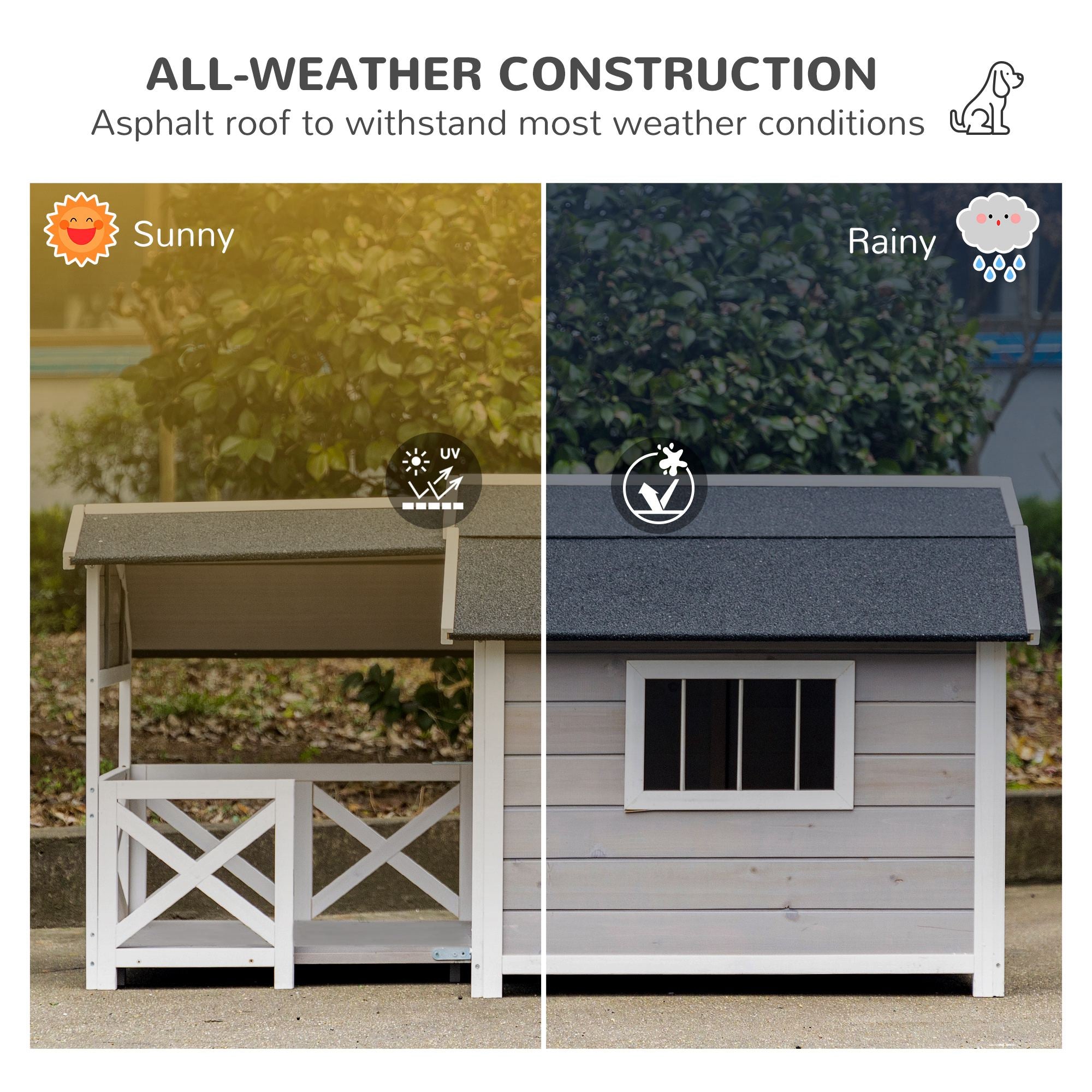 PawHut Outdoor Dog House Cabin Style, Wooden Raised Dog Shelter with Asphalt Roof, Front Door, Side Window, Porch for Medium to Large Dogs, Gray