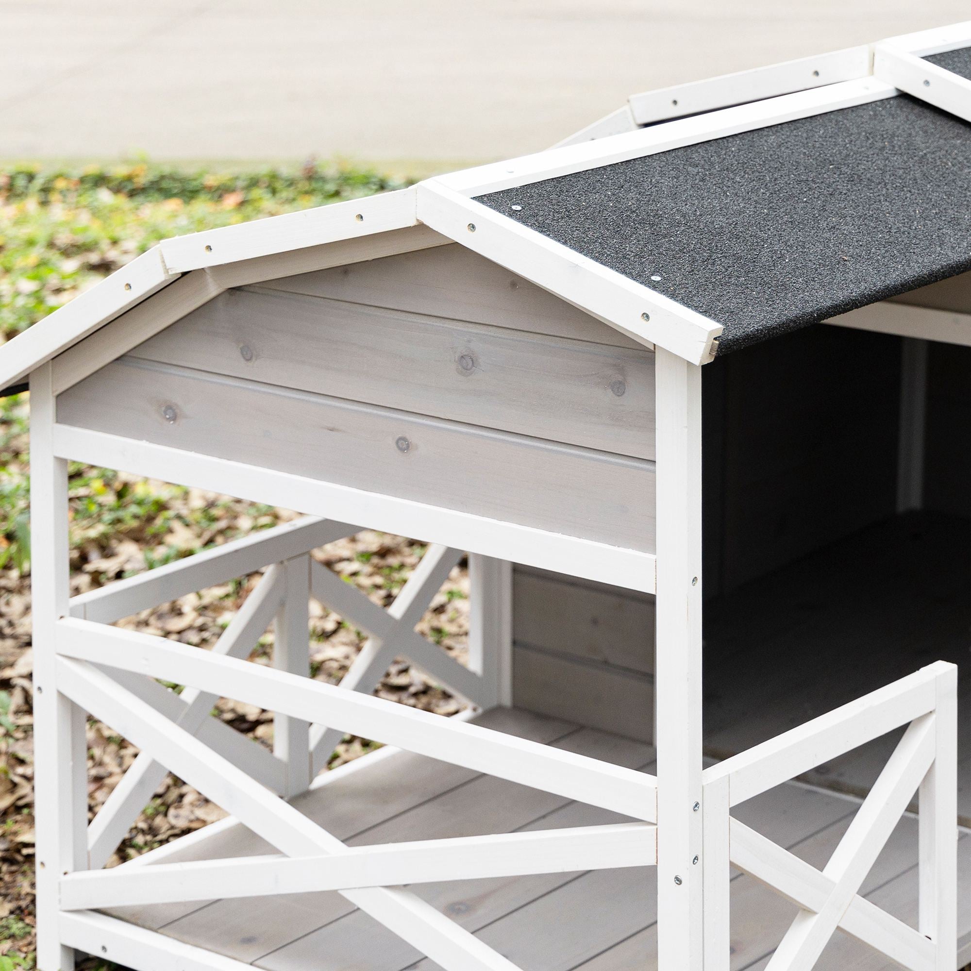 PawHut Outdoor Dog House Cabin Style, Wooden Raised Dog Shelter with Asphalt Roof, Front Door, Side Window, Porch for Medium to Large Dogs, Gray