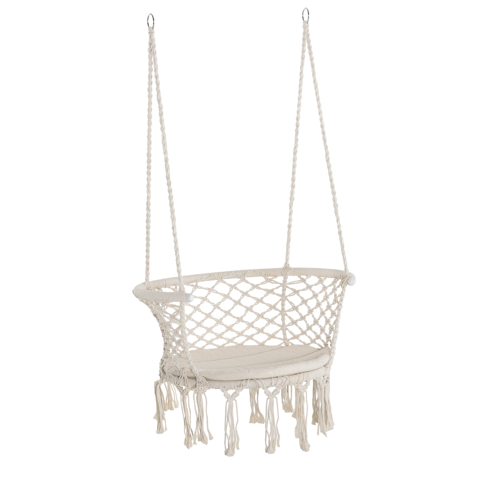 Outsunny Hanging Hammock Chair, Cotton Rope Porch Hammock Swing with Metal Frame and Cushion, Large Macrame Seat for Patio, Garden, Bedroom, Living Room,  Cream White