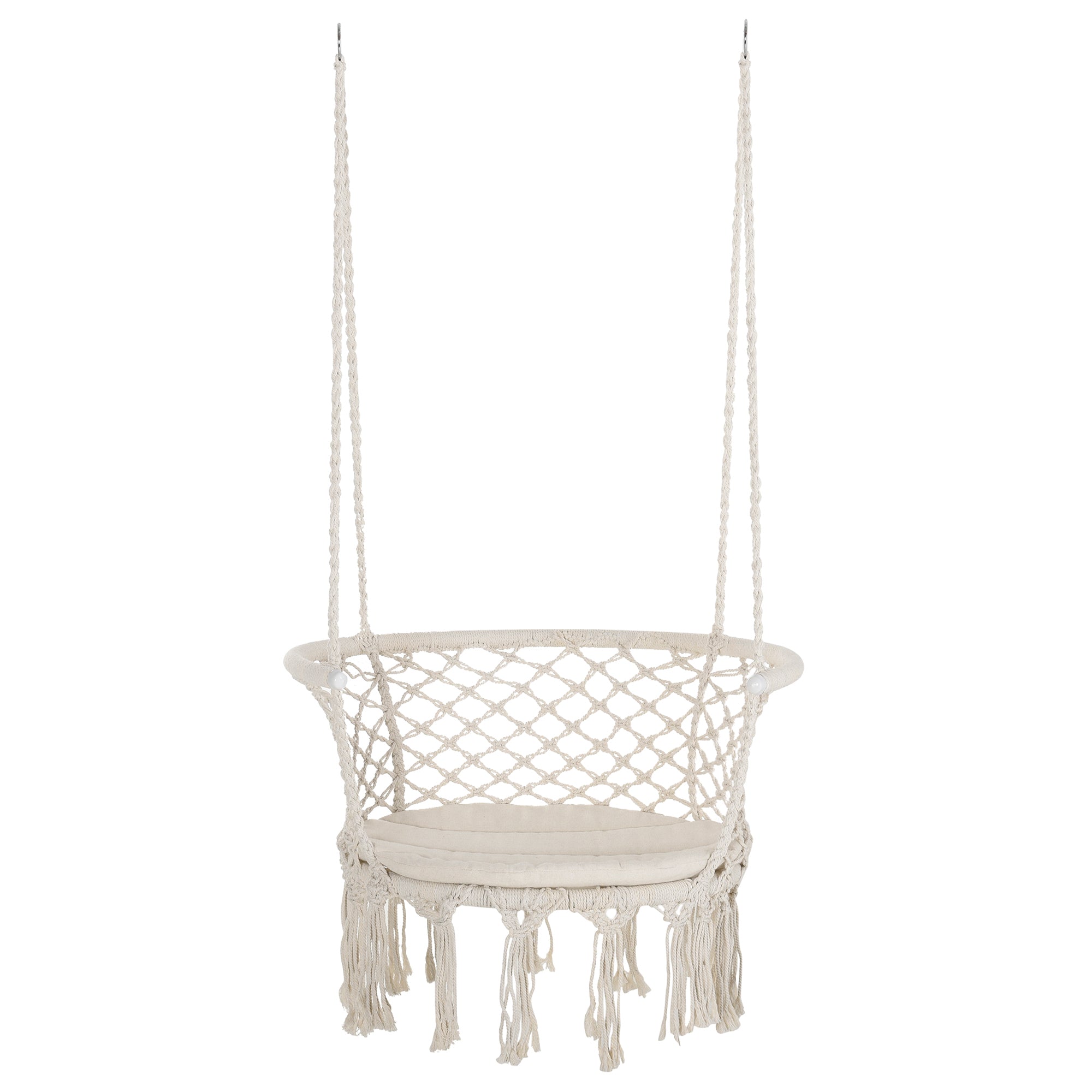 Outsunny Hanging Hammock Chair, Cotton Rope Porch Hammock Swing with Metal Frame and Cushion, Large Macrame Seat for Patio, Garden, Bedroom, Living Room,  Cream White