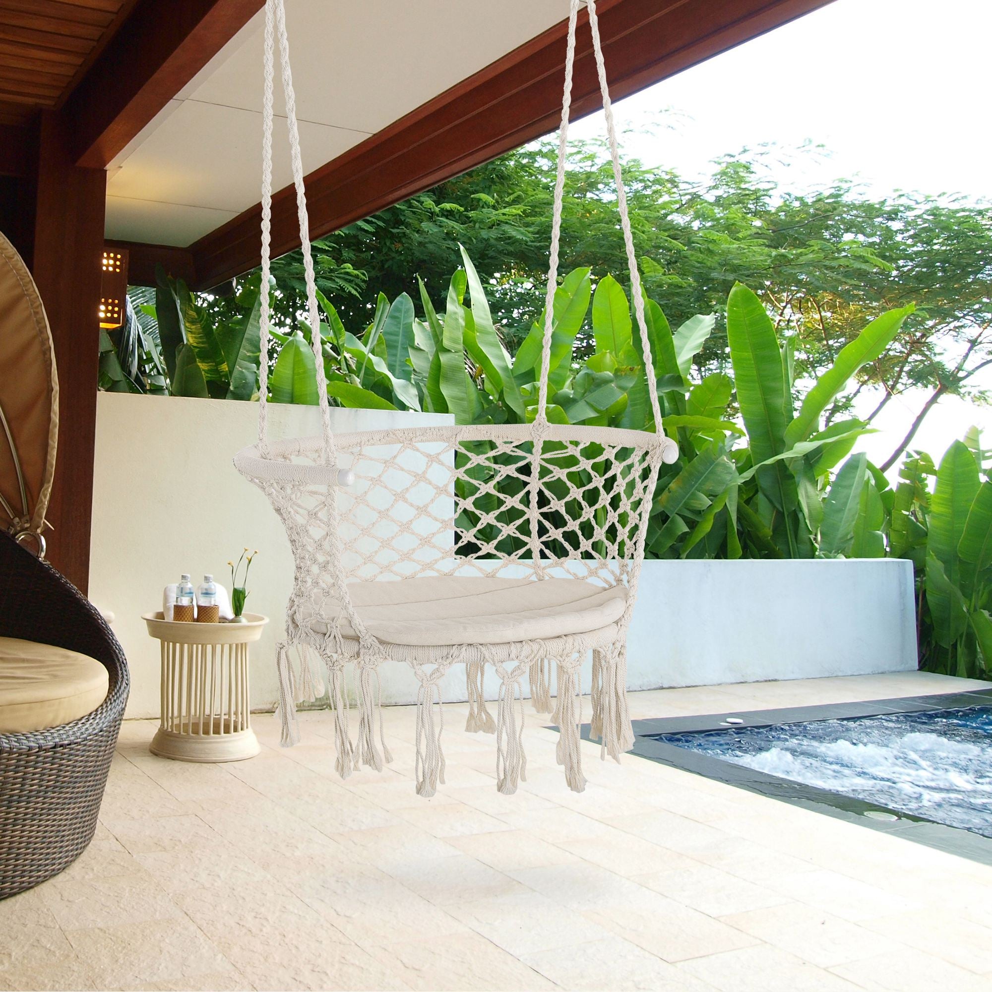 Outsunny Hanging Hammock Chair, Cotton Rope Porch Hammock Swing with Metal Frame and Cushion, Large Macrame Seat for Patio, Garden, Bedroom, Living Room,  Cream White