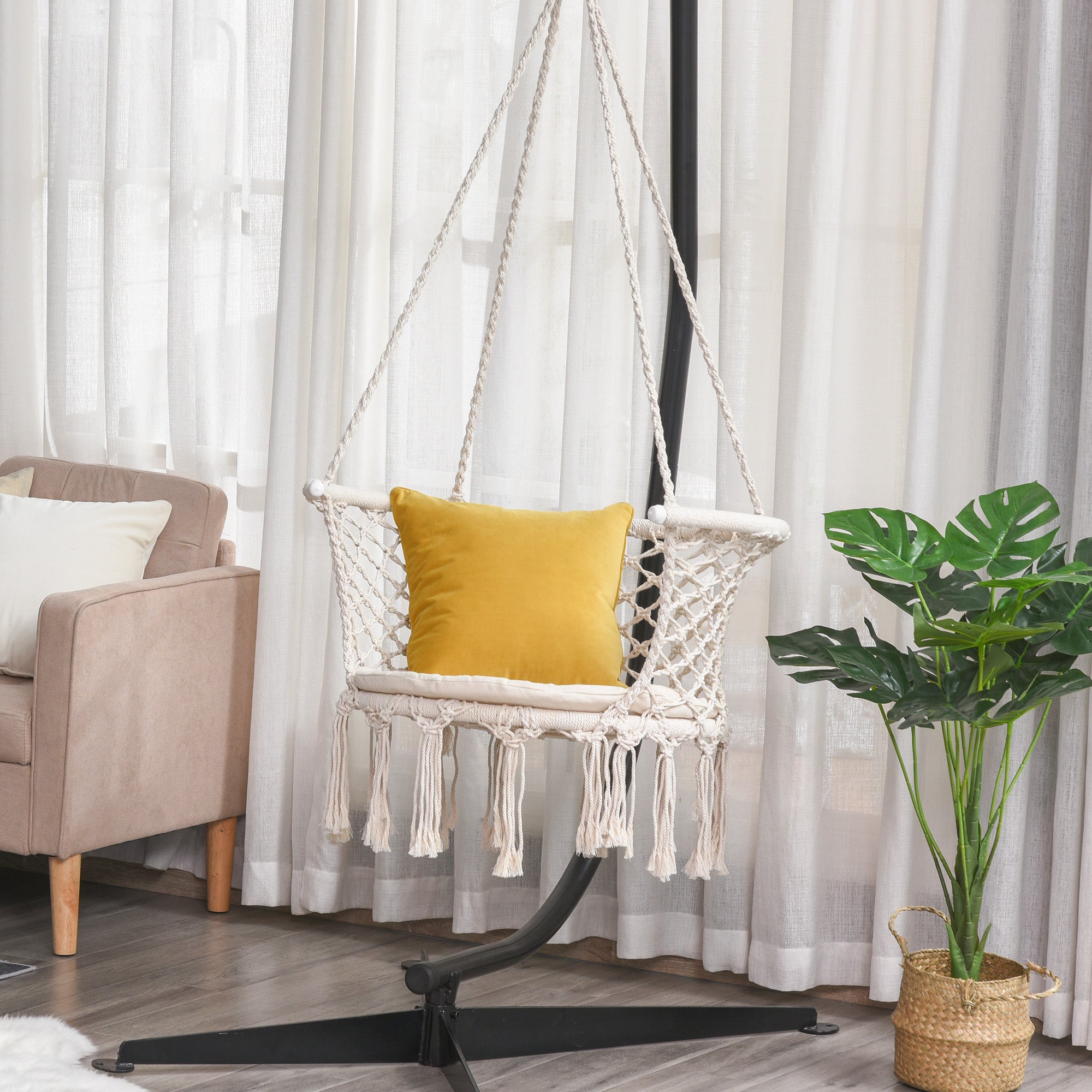 Outsunny Hanging Hammock Chair, Cotton Rope Porch Hammock Swing with Metal Frame and Cushion, Large Macrame Seat for Patio, Garden, Bedroom, Living Room,  Cream White