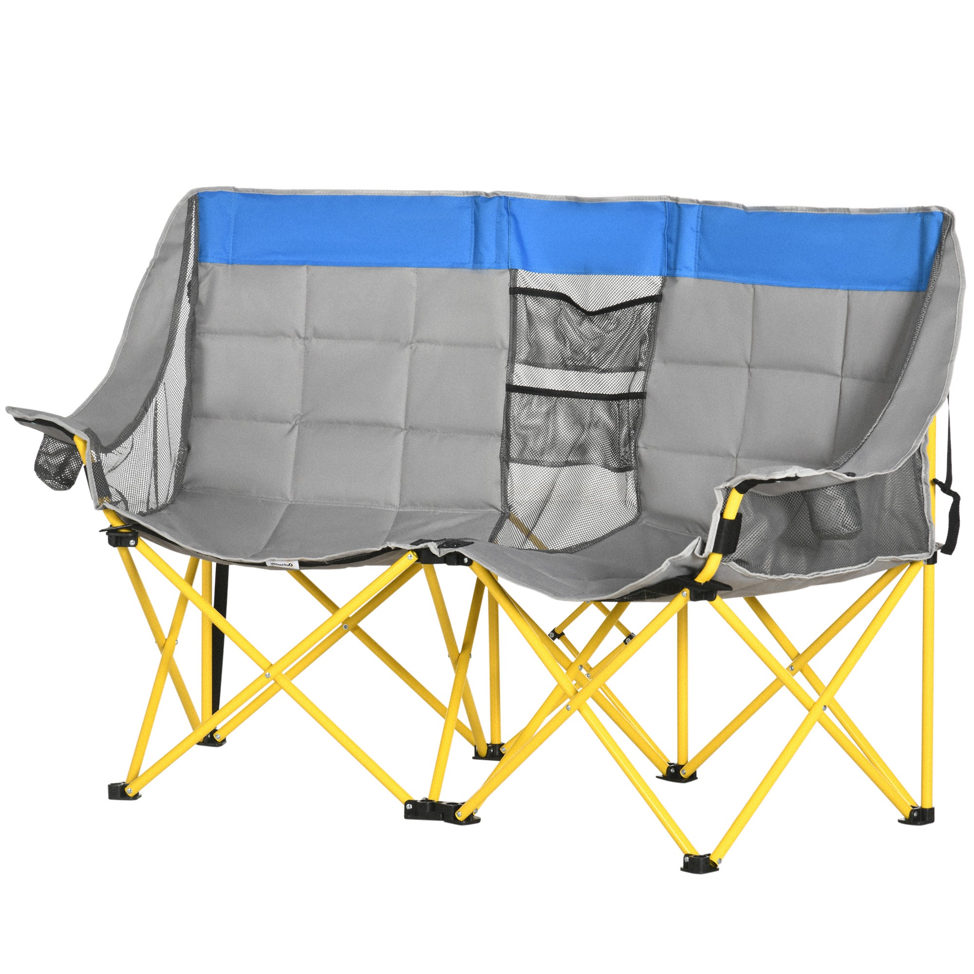 Outsunny 62" W Double Seat Camping Chair Folding Lawn Loveseat w/ Storage Pocket & Cup Holder Compact in a Bag for Outdoor, Beach, Picnic, Hiking, Travel, Blue