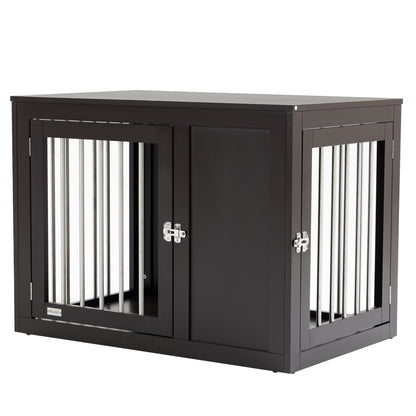 PawHut Dog Crate Furniture Wire Pet Cage Wooden Dog Kennel, End Table with Double Doors, and Locks, for Medium and Large Dog House Indoor Use, Coffee