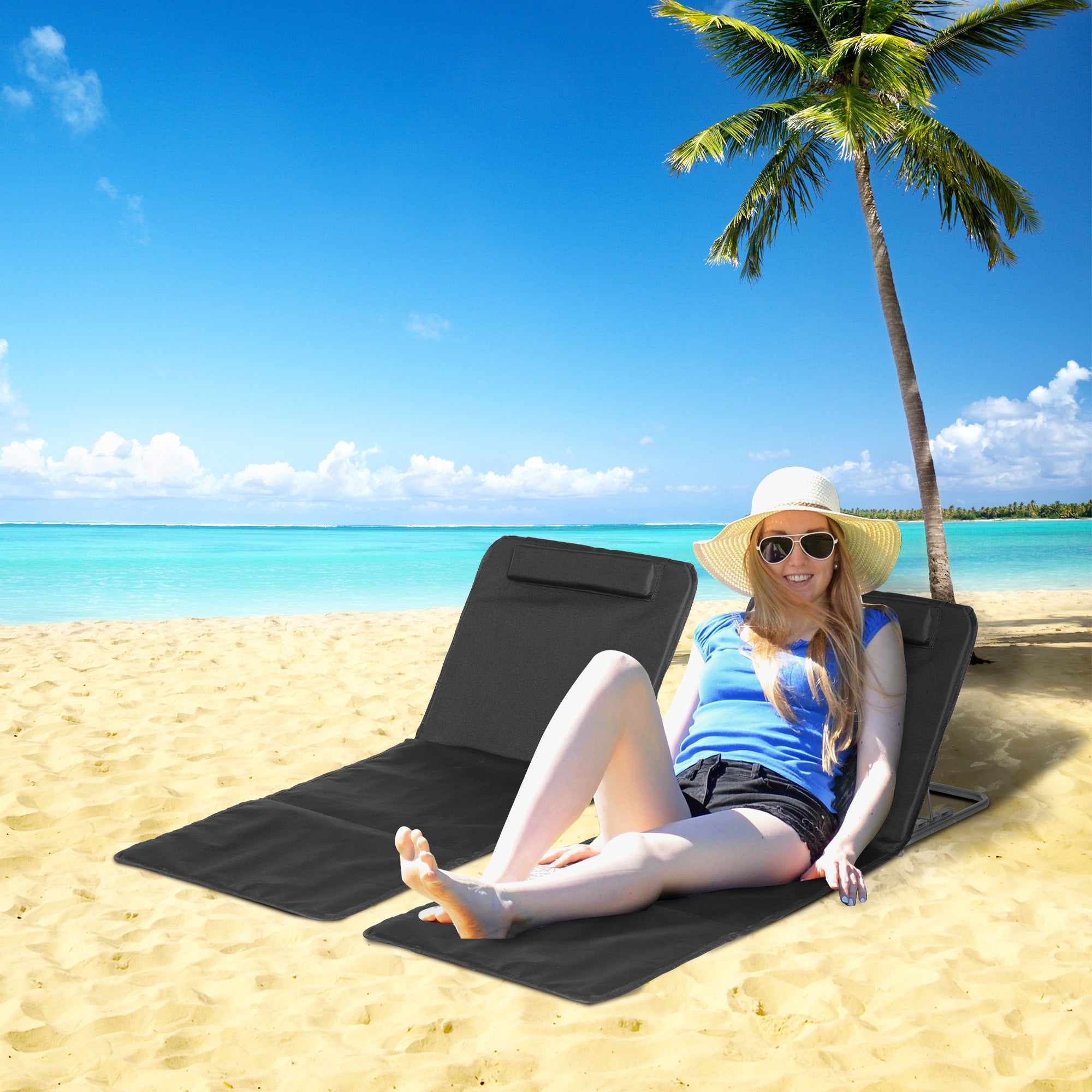 Outsunny 2 Pieces Outdoor Beach Lounge Chair, Patio Steel Folding Chaise Lounge Set w/ Pillow for Sunbath, Snap, Black