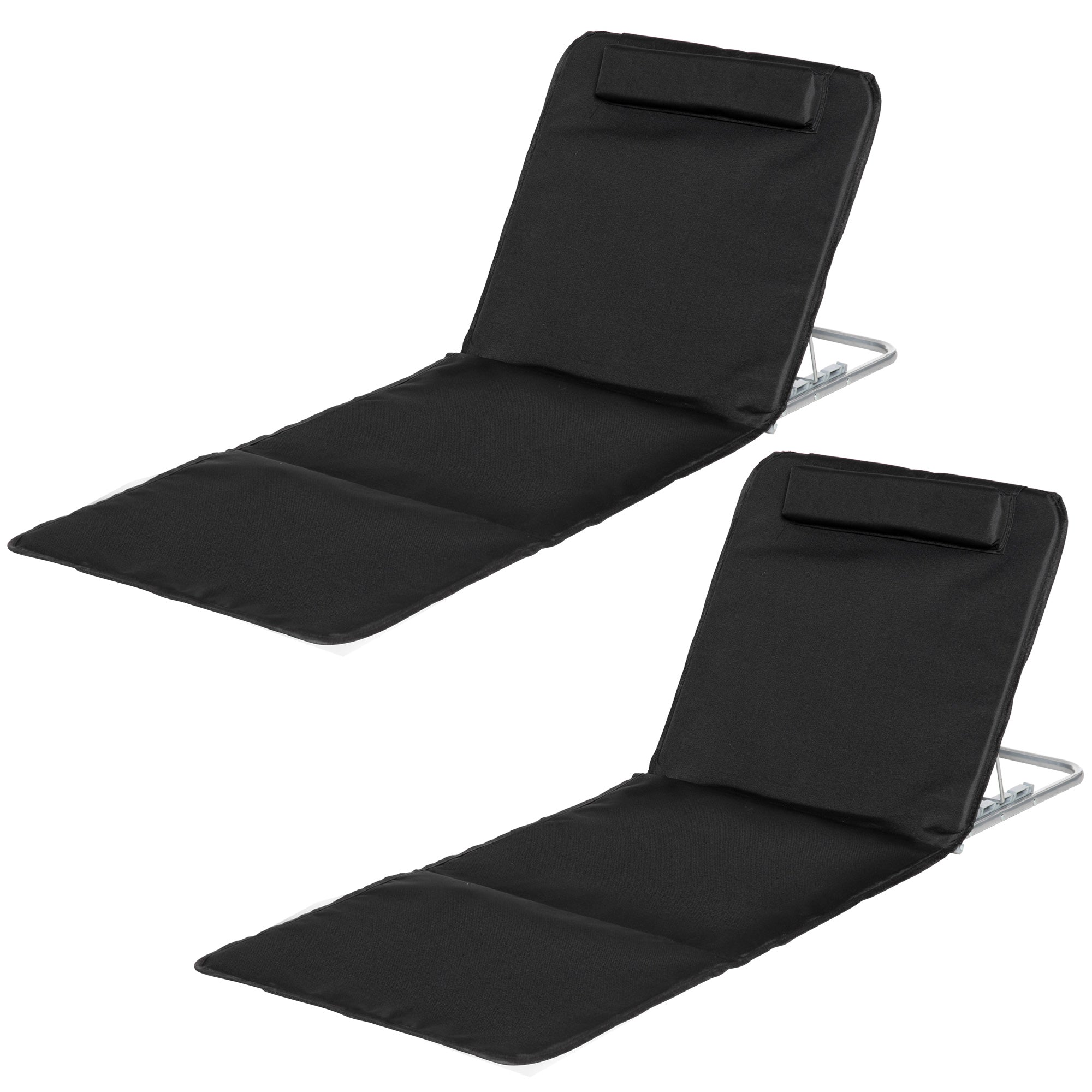 Outsunny 2 Pieces Outdoor Beach Lounge Chair, Patio Steel Folding Chaise Lounge Set w/ Pillow for Sunbath, Snap, Black