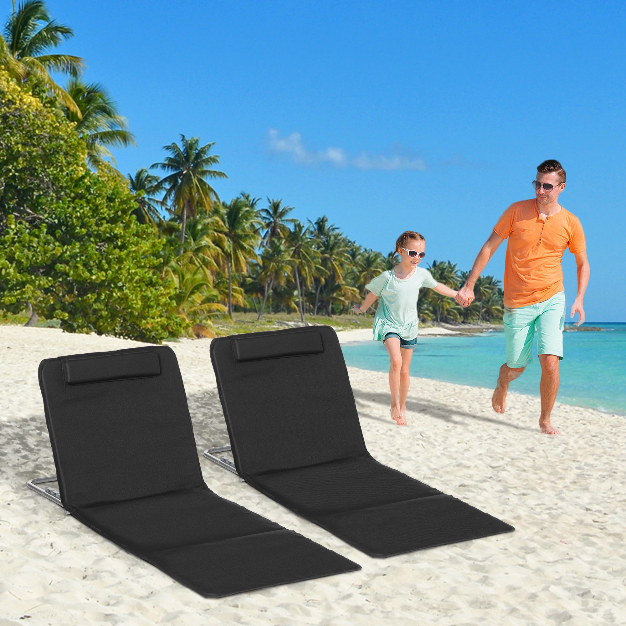 Outsunny 2 Pieces Outdoor Beach Lounge Chair, Patio Steel Folding Chaise Lounge Set w/ Pillow for Sunbath, Snap, Black
