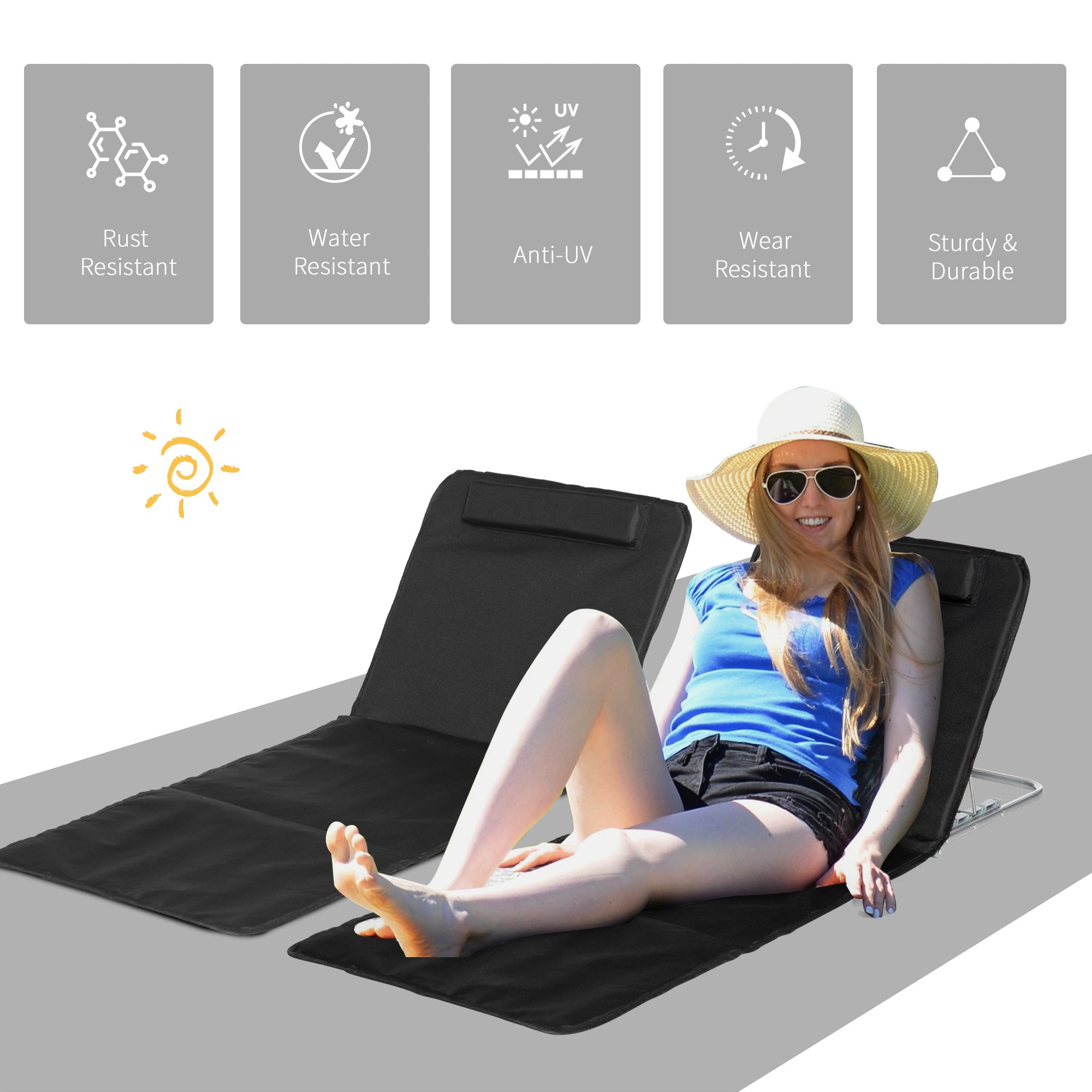 Outsunny 2 Pieces Outdoor Beach Lounge Chair, Patio Steel Folding Chaise Lounge Set w/ Pillow for Sunbath, Snap, Black