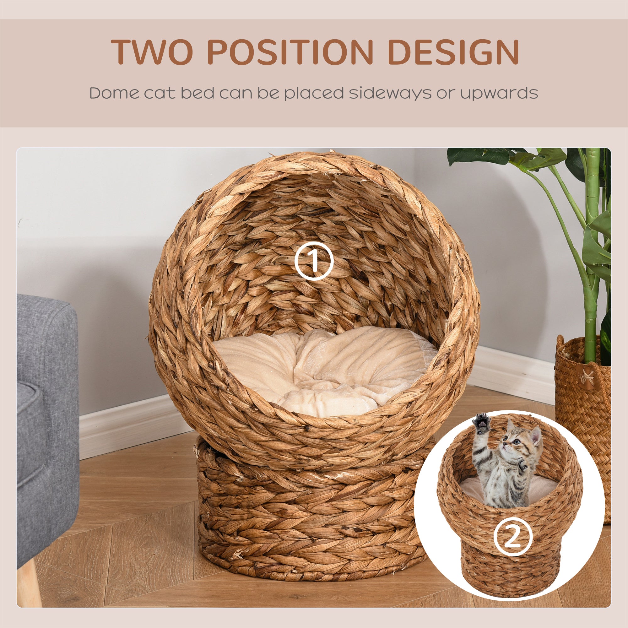 PawHut 20” Banana-Leaf Hooded Elevated Cat Condo Ball Bed Kitty House Pet Furniture w/ Mat (Pattern1-small)