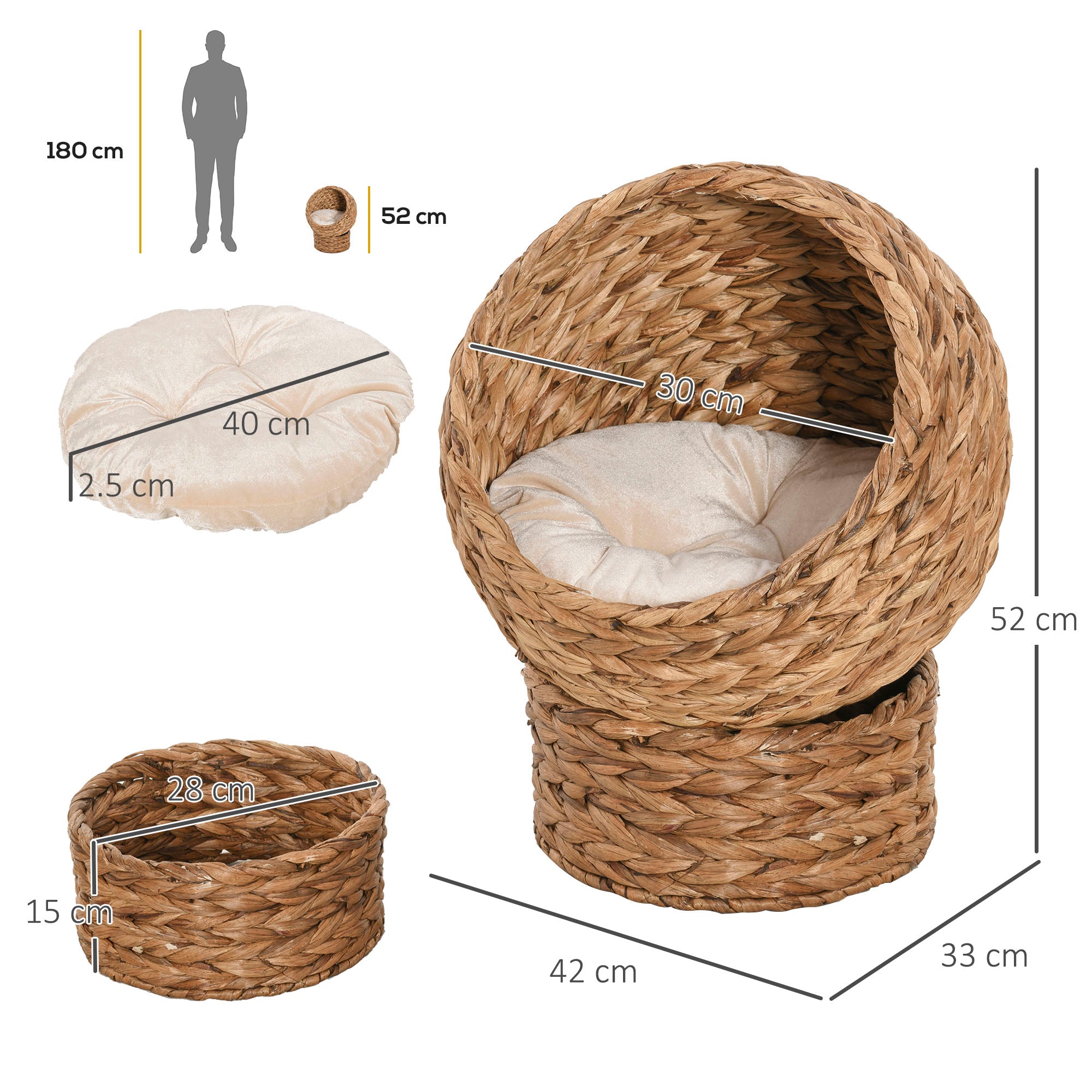 PawHut Woven Banana Leaf Elevated Cat Bed Wicker Kitten Basket Pet Den. House Cosy Cave with Soft Cushion Dome 42x33x52cm Brown