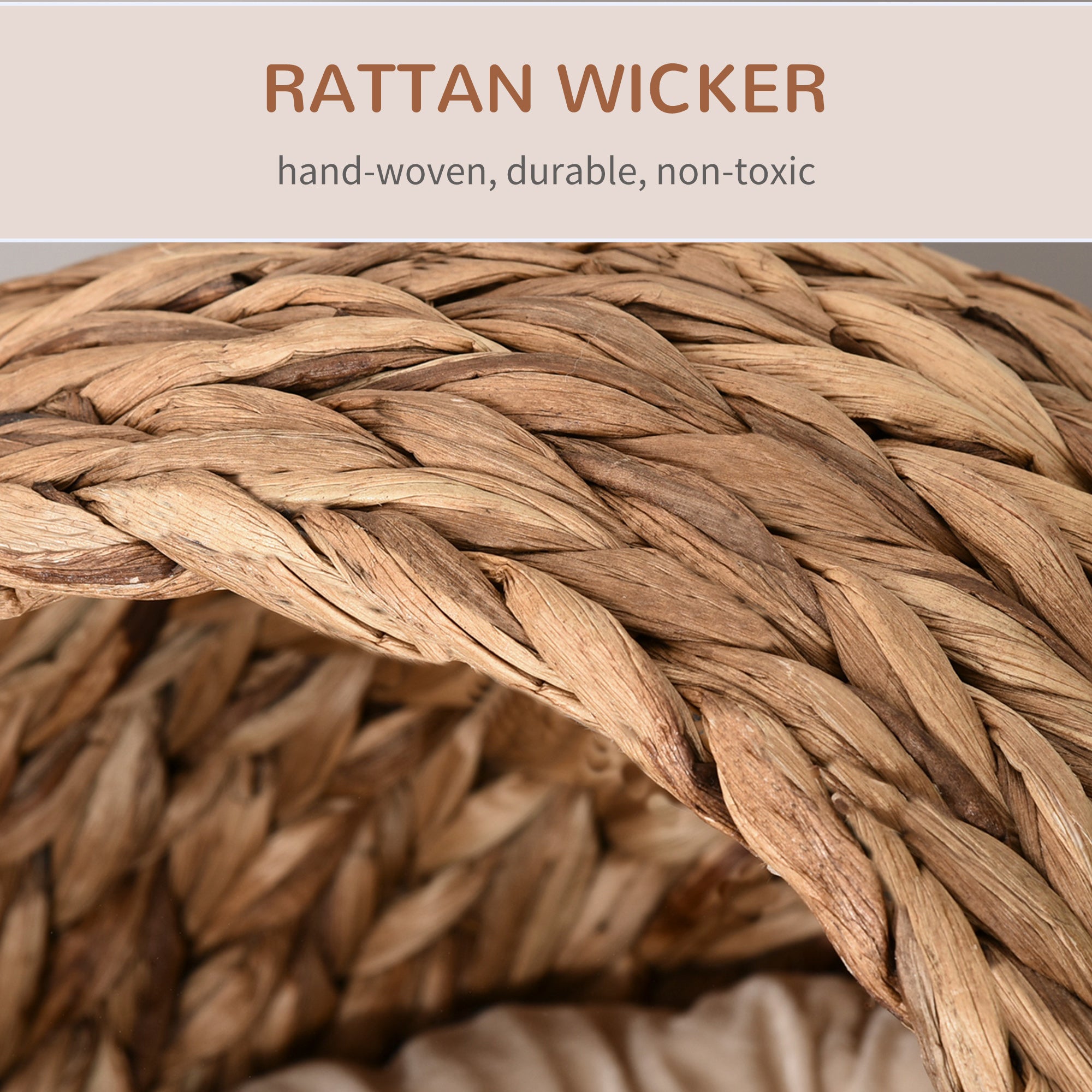 PawHut Woven Banana Leaf Elevated Cat Bed Wicker Kitten Basket Pet Den. House Cosy Cave with Soft Cushion Dome 42x33x52cm Brown