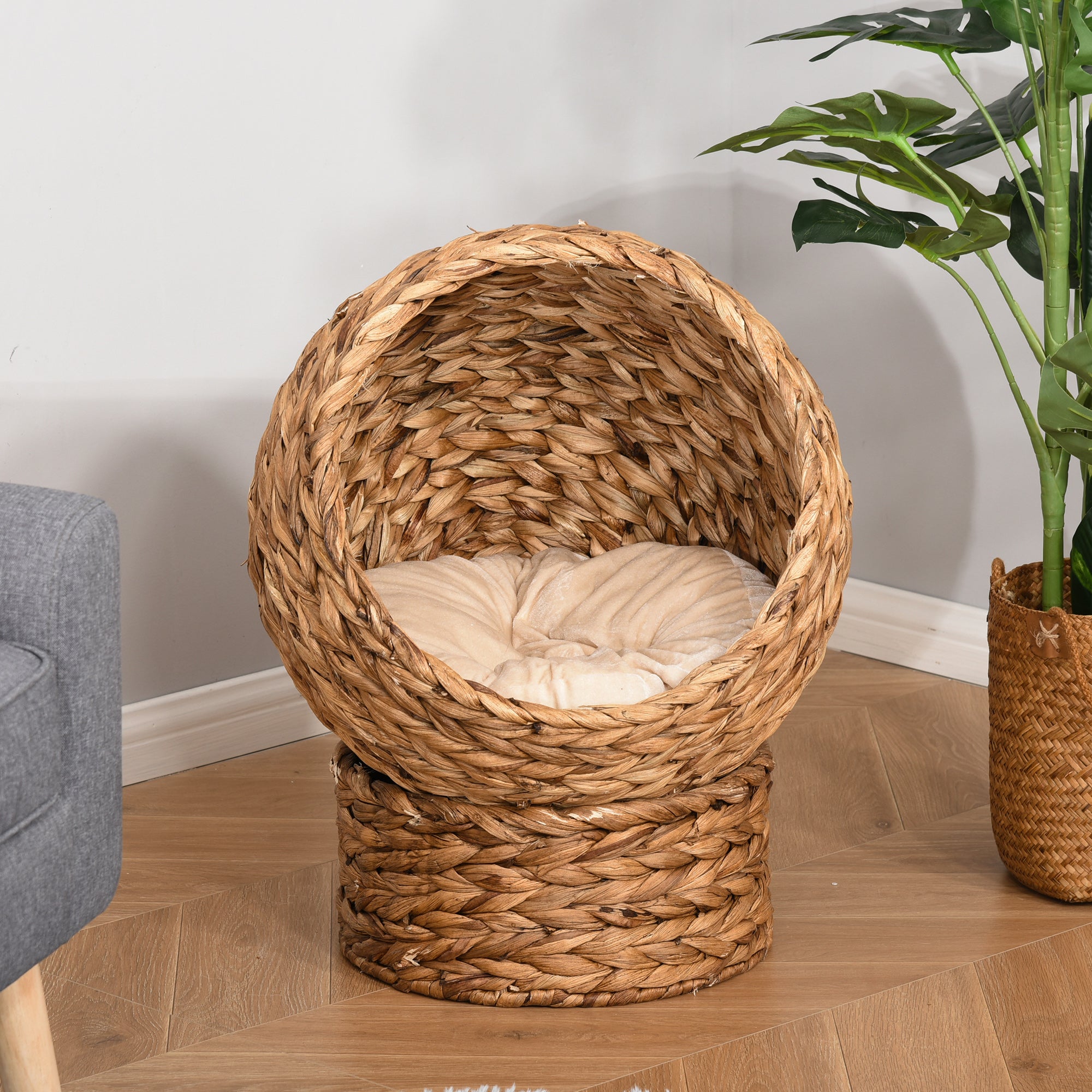 PawHut 20” Banana-Leaf Hooded Elevated Cat Condo Ball Bed Kitty House Pet Furniture w/ Mat (Pattern1-small)