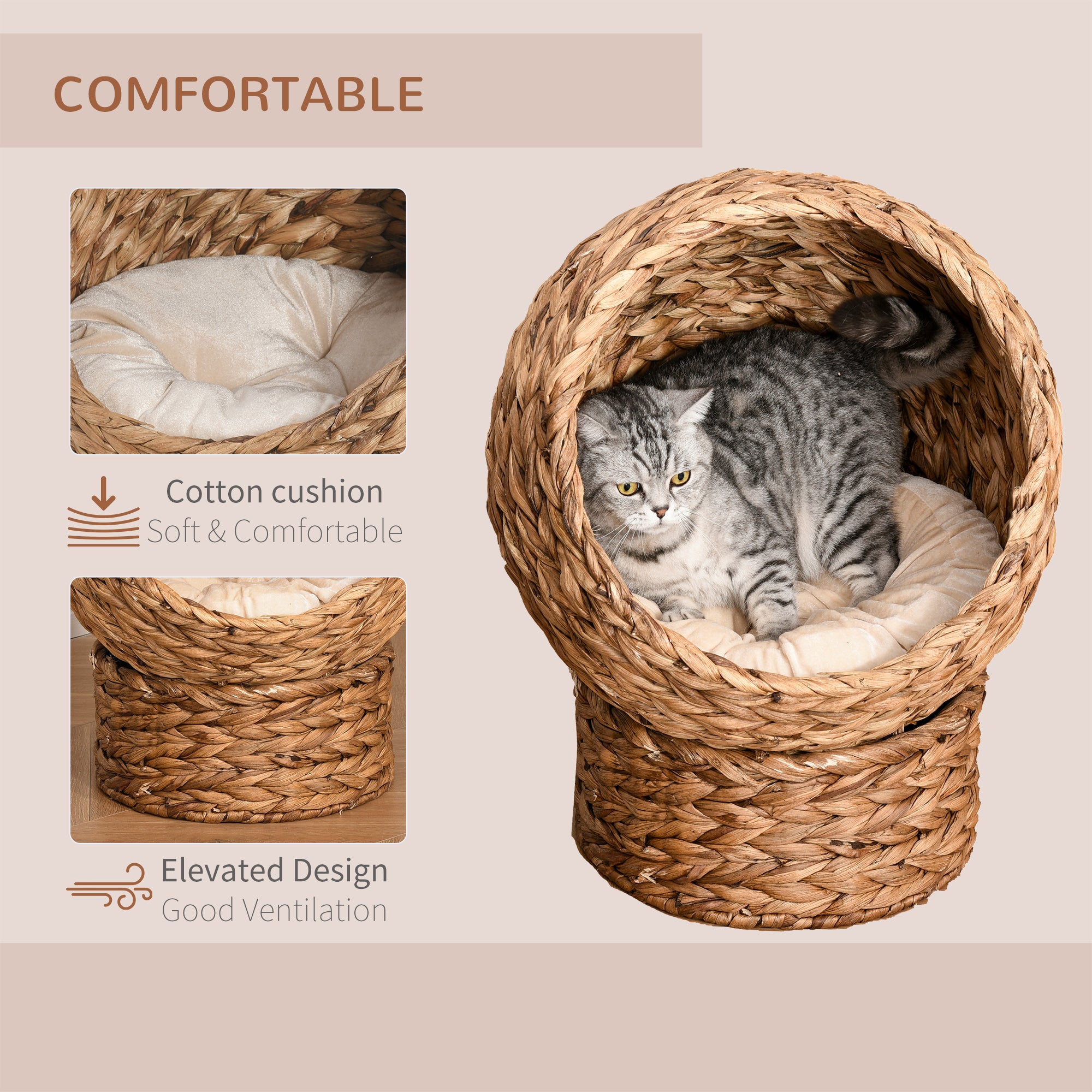 PawHut Woven Banana Leaf Elevated Cat Bed Wicker Kitten Basket Pet Den. House Cosy Cave with Soft Cushion Dome 42x33x52cm Brown