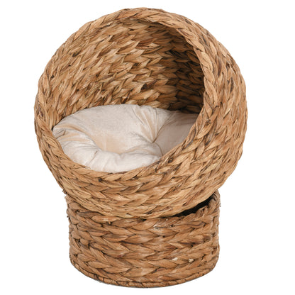 PawHut 20” Banana-Leaf Hooded Elevated Cat Condo Ball Bed Kitty House Pet Furniture w/ Mat (Pattern1-small)
