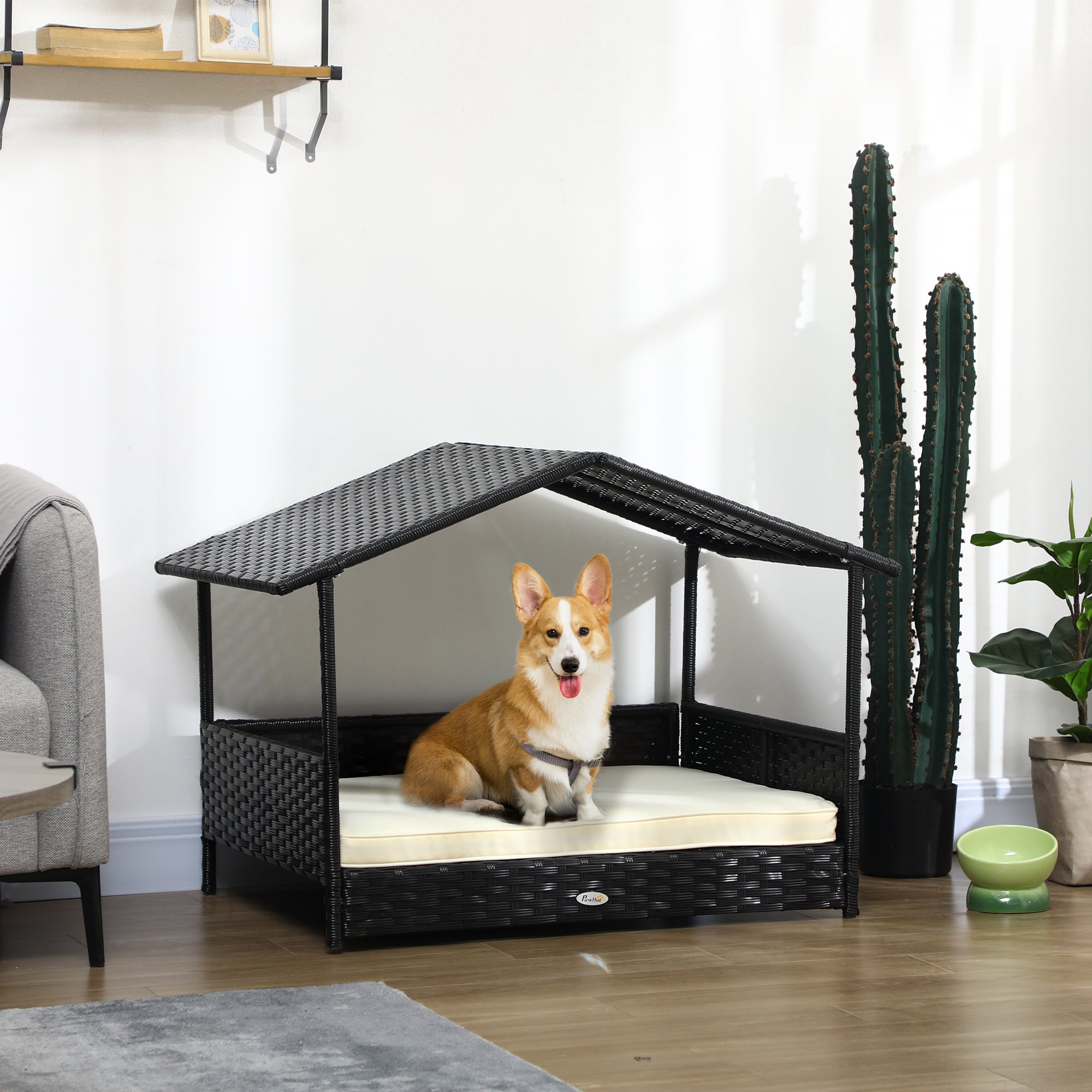 PawHut Wicker Dog House Outdoor with Canopy, Rattan Dog Bed with Water-resistant Cushion, Raised Dog Bed for Small, Medium Dogs up to 66 lbs, 19.75" in Length, Black Wicker, White Cushion