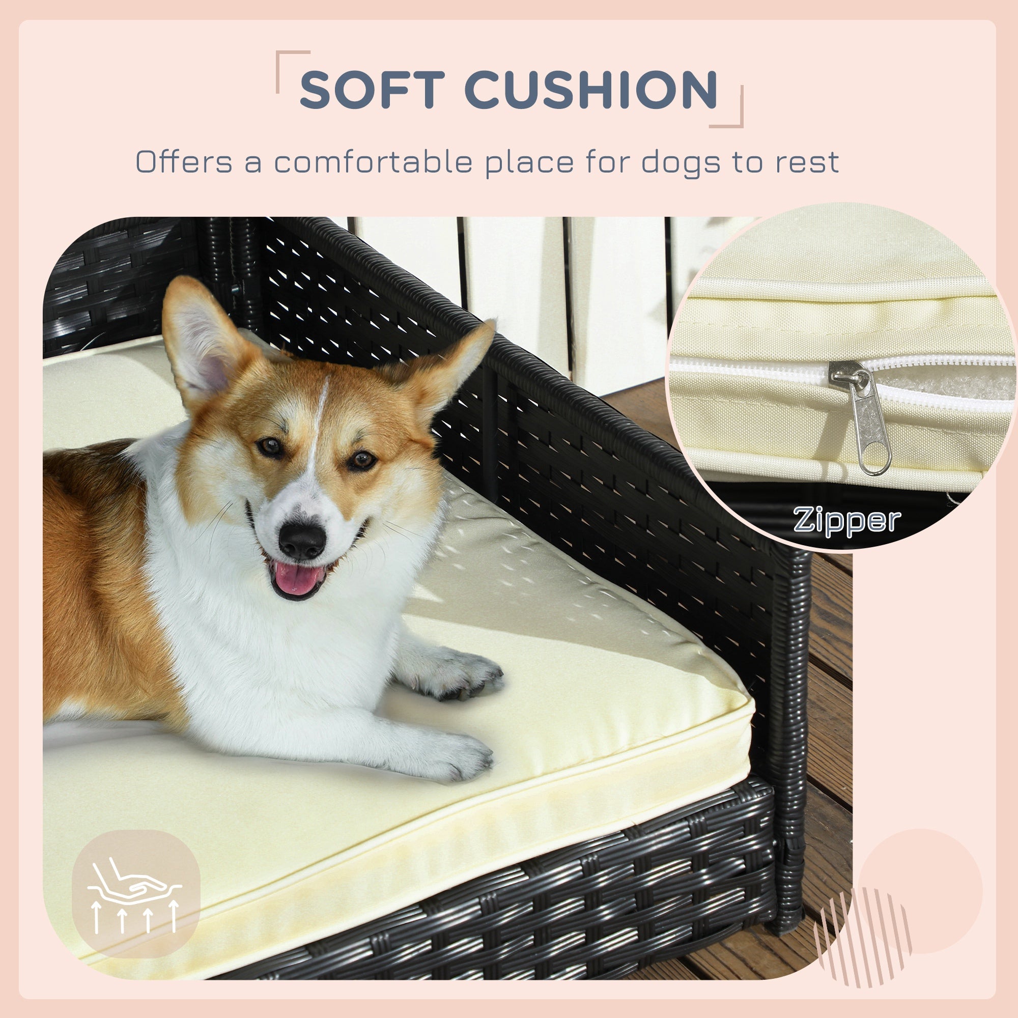 PawHut Wicker Dog House Outdoor with Canopy, Rattan Dog Bed with Water-resistant Cushion, Raised Dog Bed for Small, Medium Dogs up to 66 lbs, 19.75" in Length, Black Wicker, White Cushion