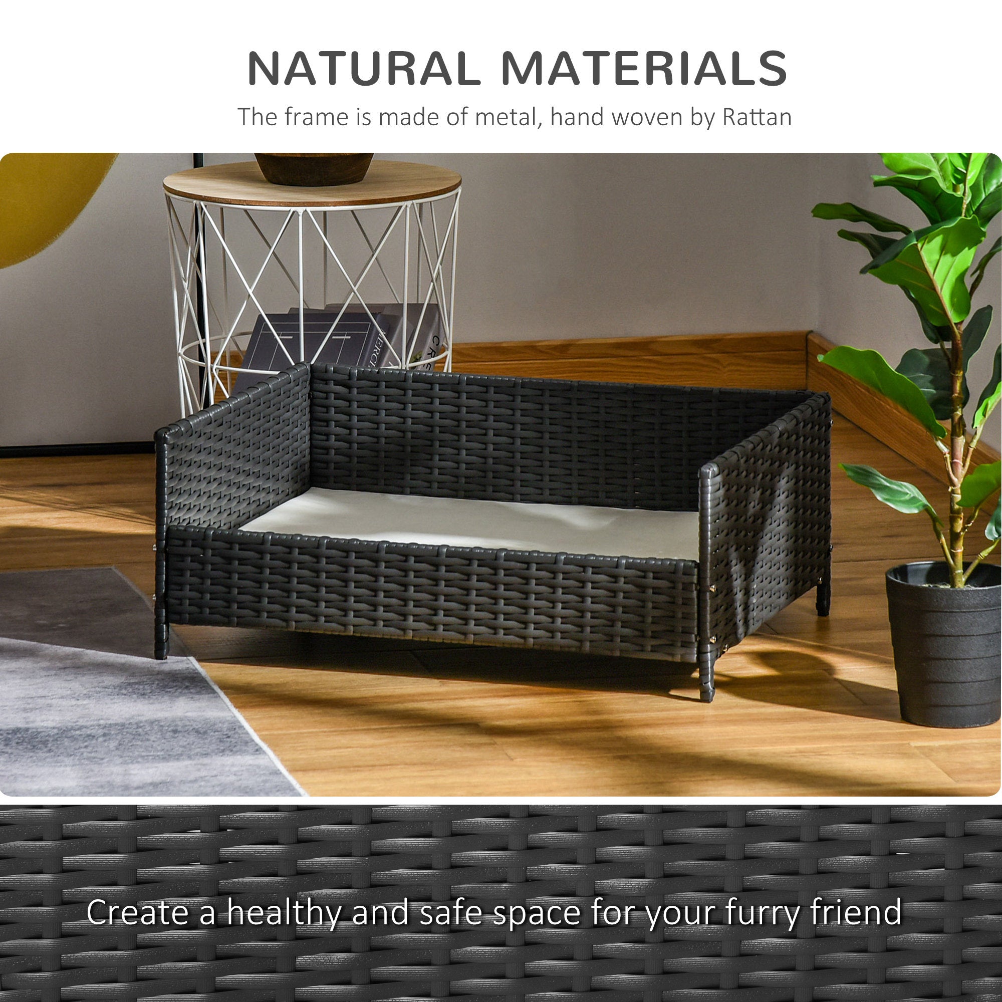 PawHut Rattan Pet Bed Raised Wicker Dog House Small animal Sofa Indoor & Outdoor with Soft Washable Cushion Black