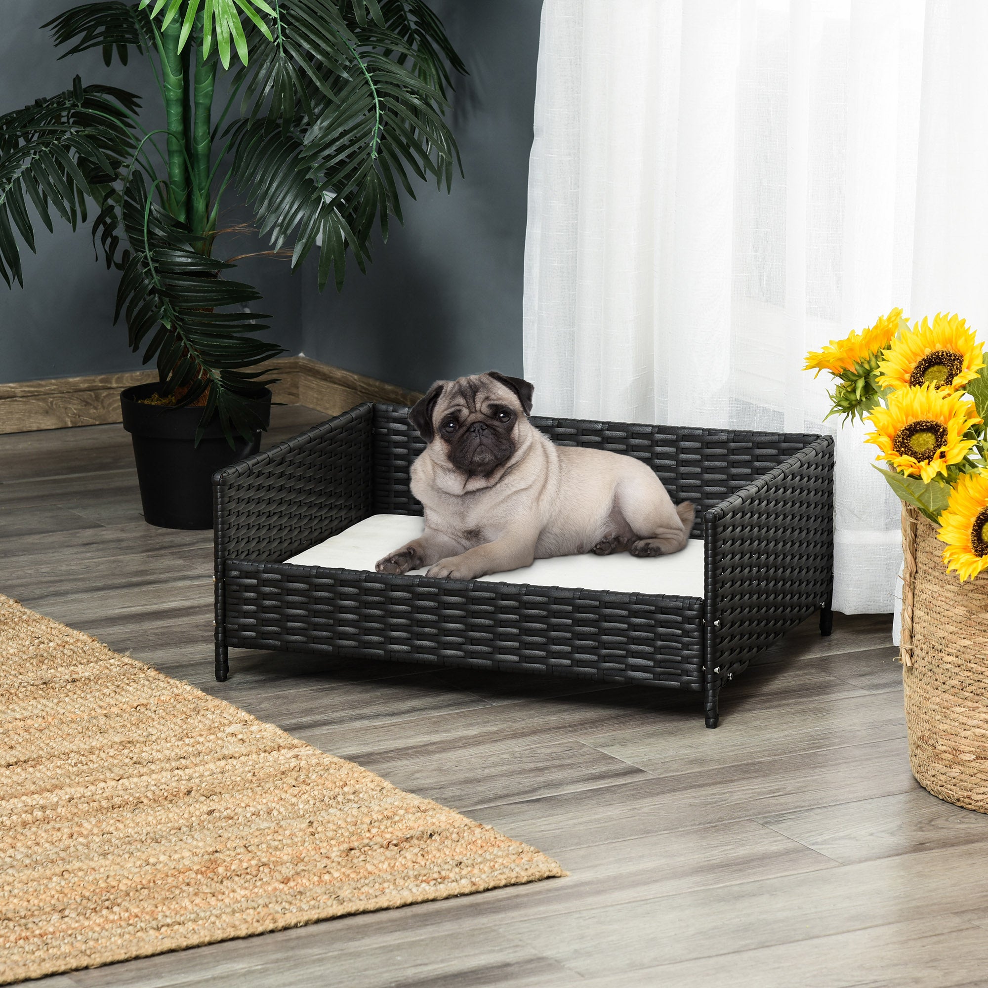 PawHut Rattan Pet Bed Raised Wicker Dog House Small animal Sofa Indoor & Outdoor with Soft Washable Cushion Black