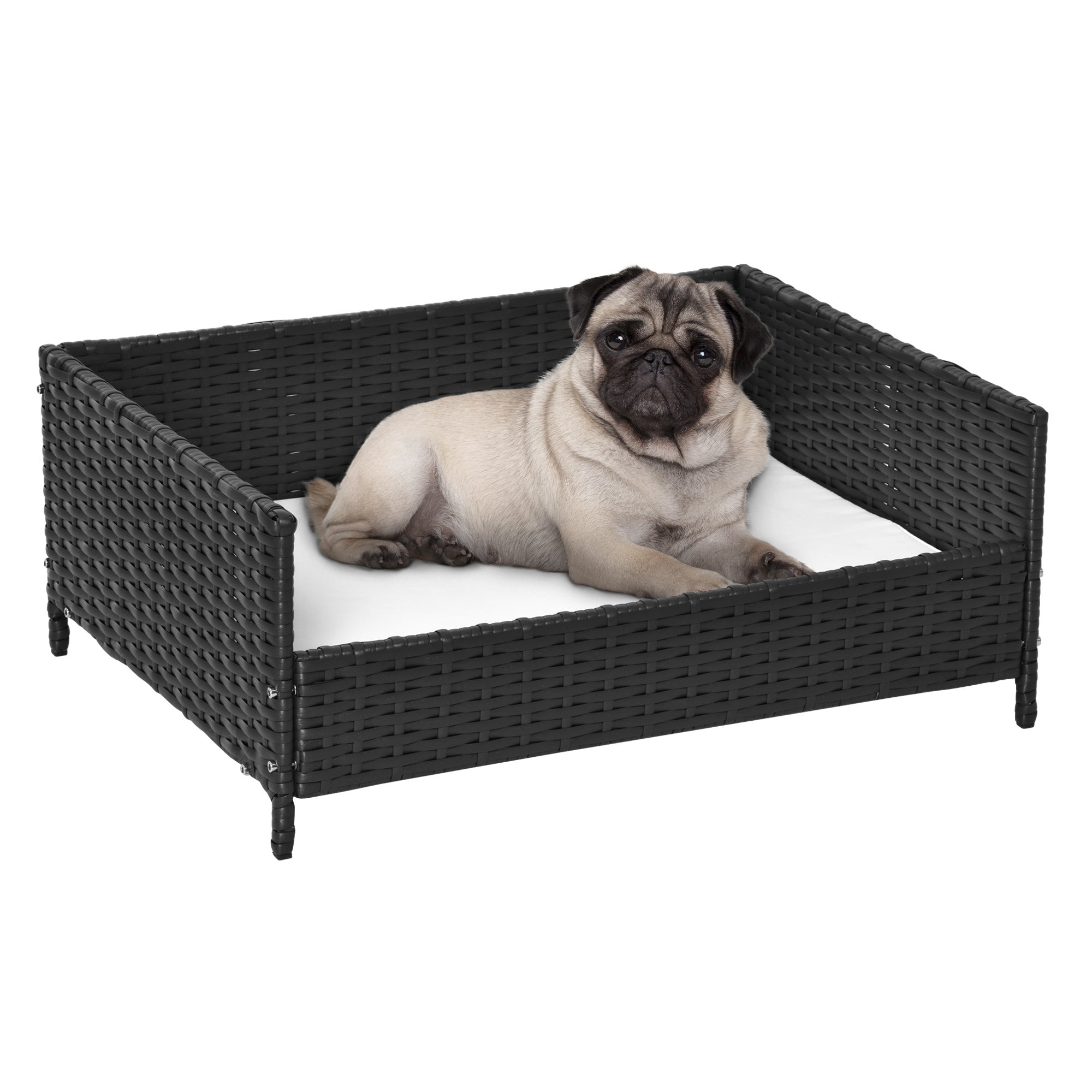 PawHut Rattan Pet Bed Raised Wicker Dog House Small animal Sofa Indoor & Outdoor with Soft Washable Cushion Black