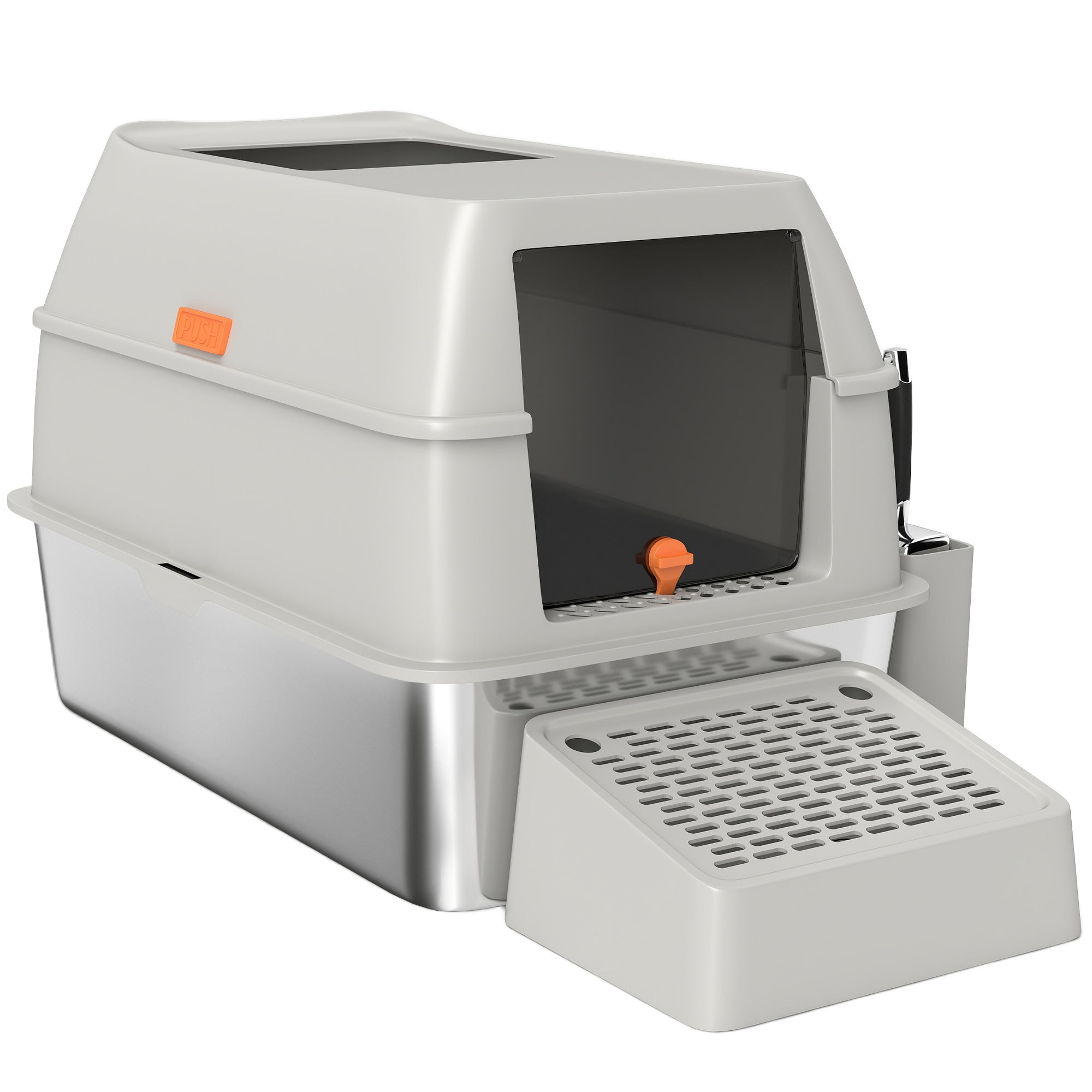 PawHut Stainless Steel Cat Litter Box with Lid, Metal Litter Pan Tray with High Sided, Scoop, 34.5L, Easy Clean, Non-Sticky & Anti-Leakage, Light Grey