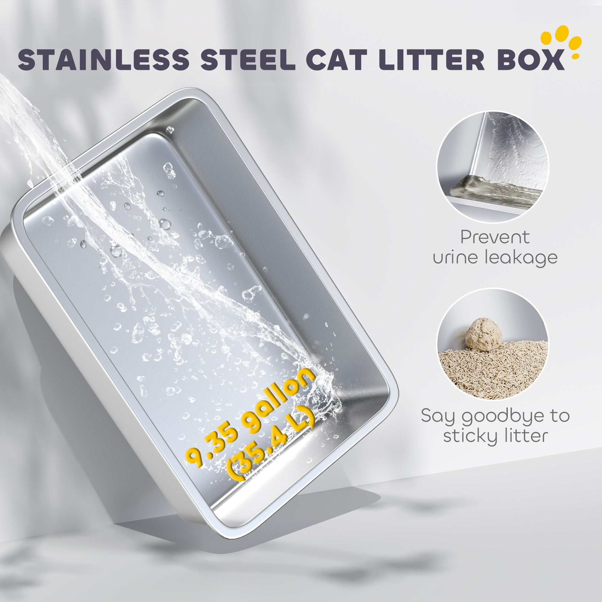 PawHut Stainless Steel Cat Litter Box with Lid, Metal Litter Pan Tray with High Sided, Scoop, 34.5L, Easy Clean, Non-Sticky & Anti-Leakage, Light Grey