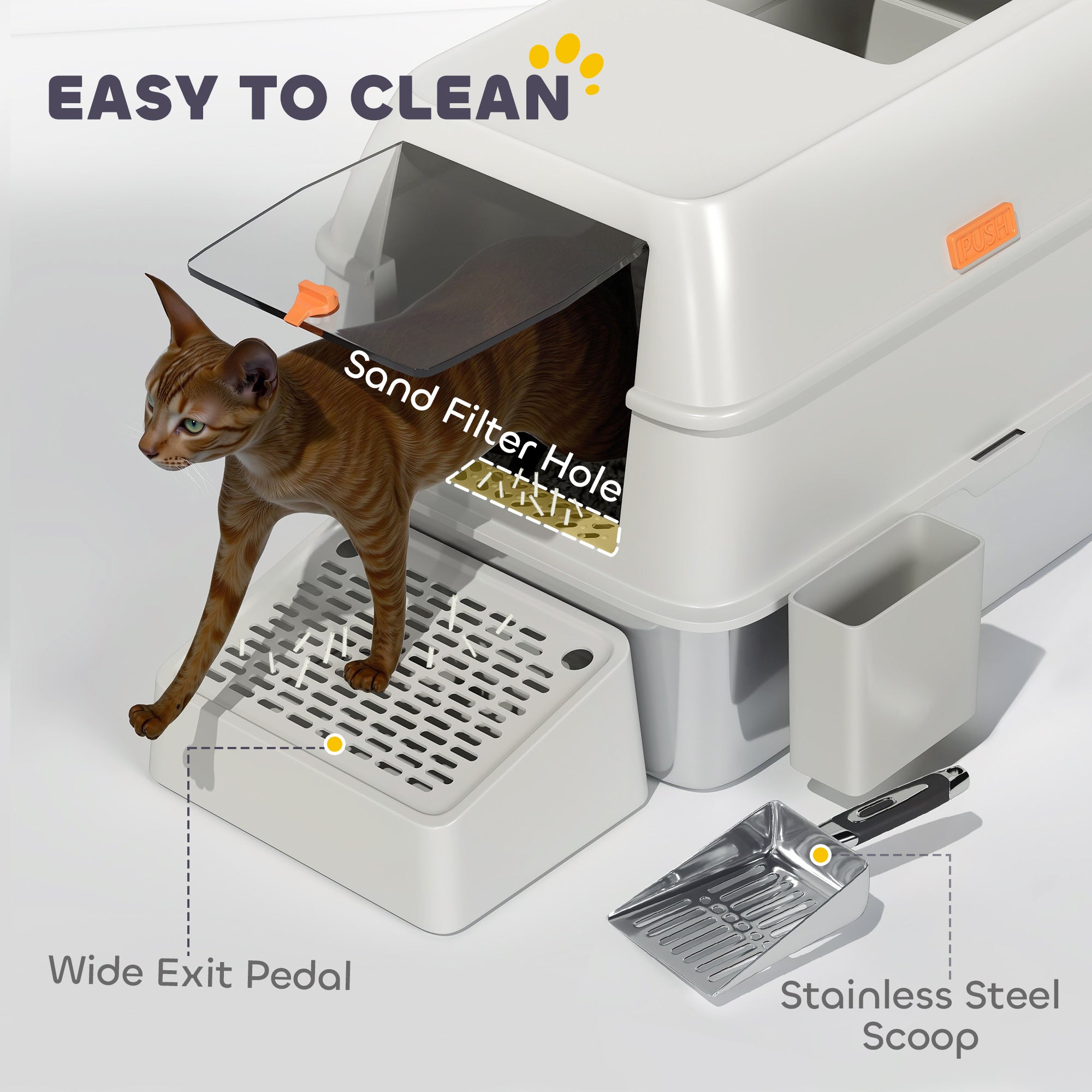 PawHut Stainless Steel Cat Litter Box with Lid, Metal Litter Pan Tray with High Sided, Scoop, 34.5L, Easy Clean, Non-Sticky & Anti-Leakage, Light Grey