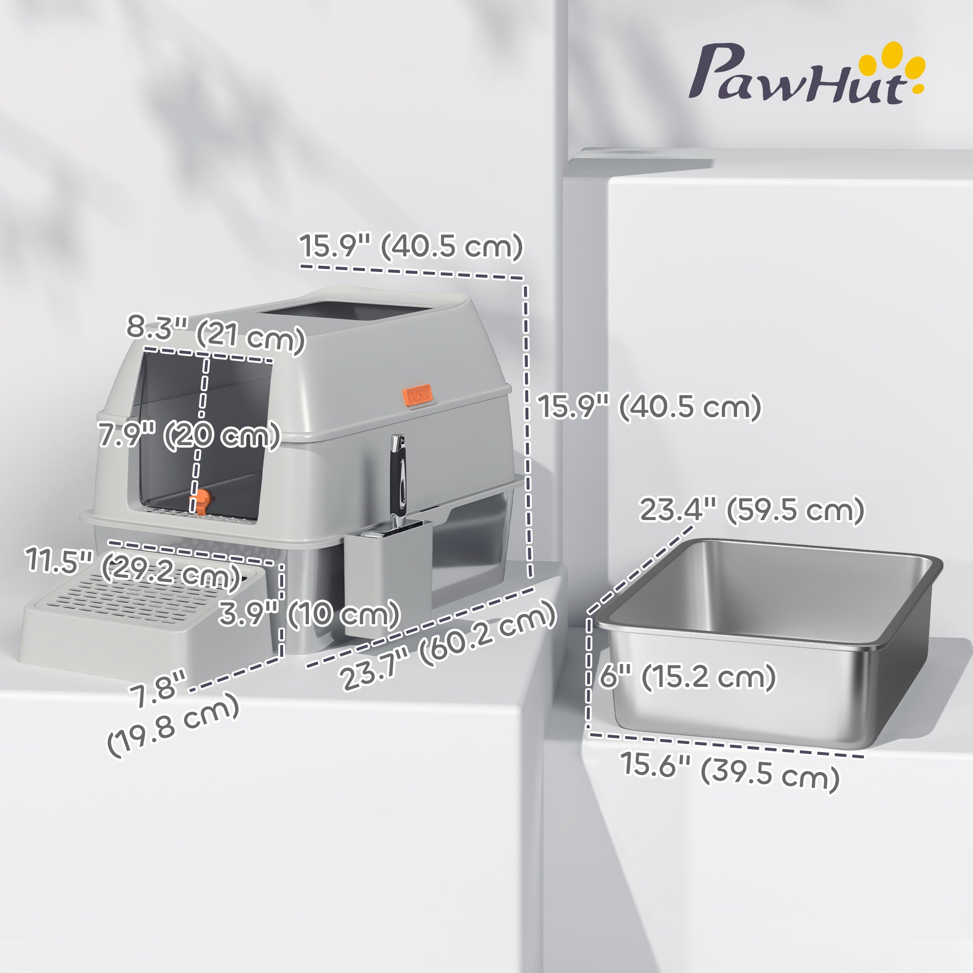 PawHut Stainless Steel Cat Litter Box with Lid, Metal Litter Pan Tray with High Sided, Scoop, 34.5L, Easy Clean, Non-Sticky & Anti-Leakage, Light Grey