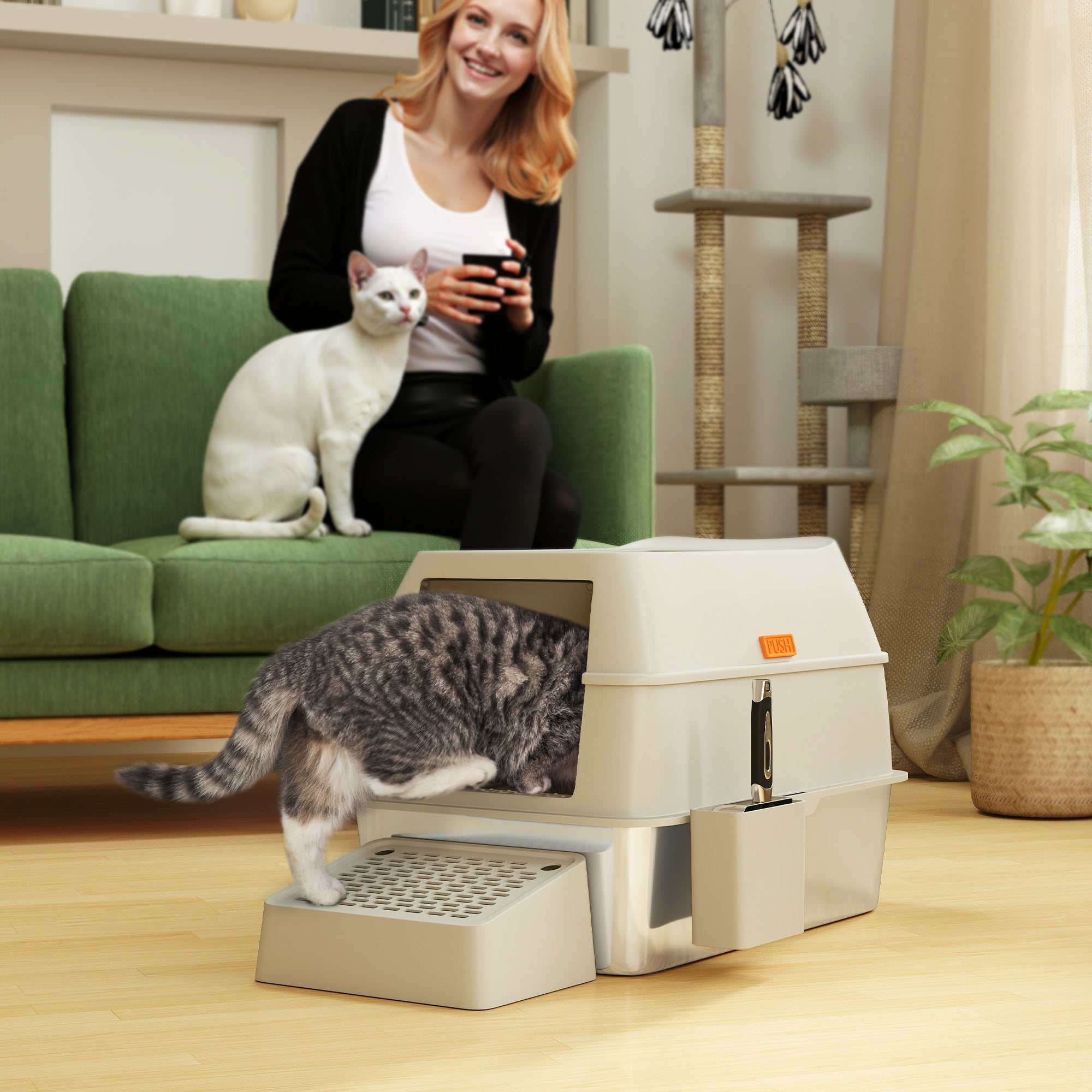 PawHut Stainless Steel Cat Litter Box with Lid, Metal Litter Pan Tray with High Sided, Scoop, 34.5L, Easy Clean, Non-Sticky & Anti-Leakage, Light Grey