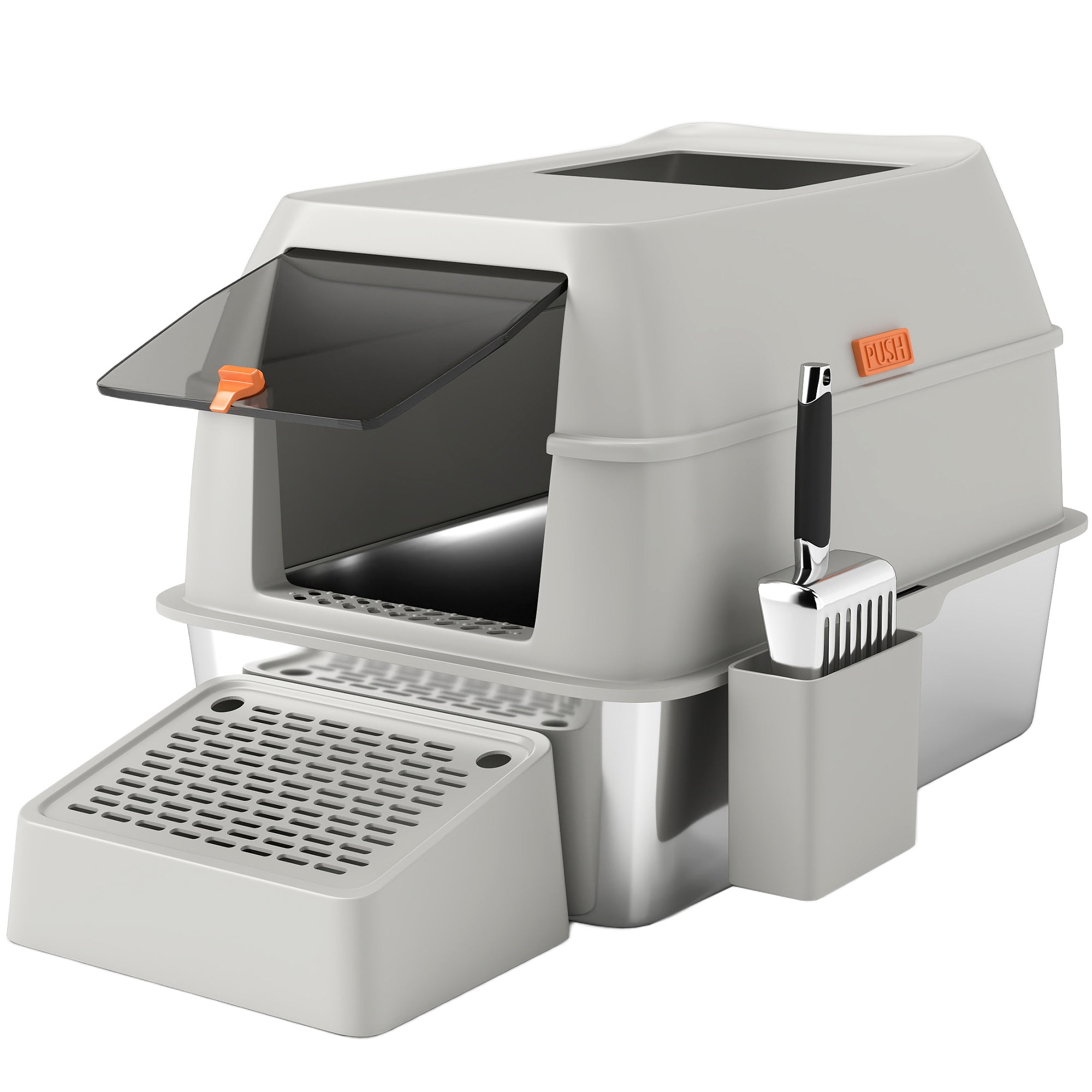 PawHut Stainless Steel Cat Litter Box with Lid, Metal Litter Pan Tray with High Sided, Scoop, 34.5L, Easy Clean, Non-Sticky & Anti-Leakage, Light Grey