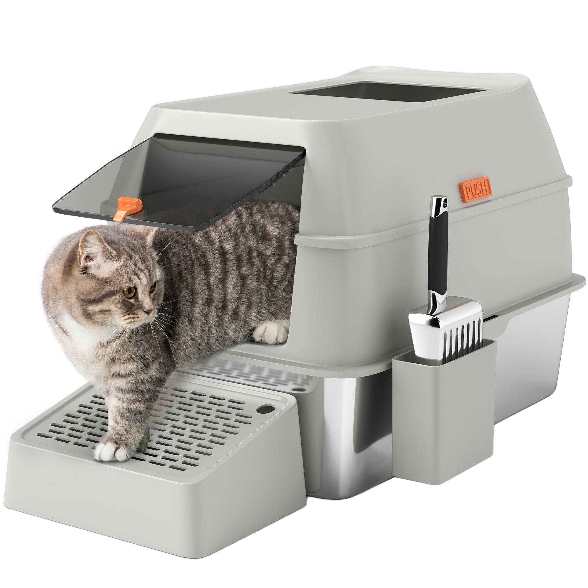 PawHut Stainless Steel Cat Litter Box with Lid, Metal Litter Pan Tray with High Sided, Scoop, 34.5L, Easy Clean, Non-Sticky & Anti-Leakage, Light Grey