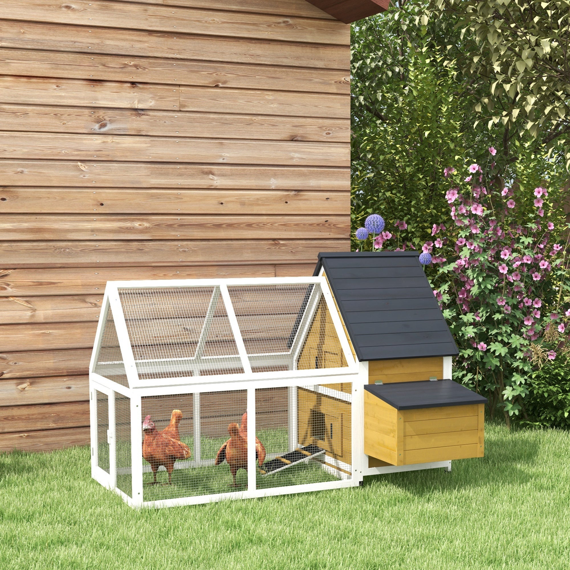 PawHut 65" Chicken Coop Wooden with Detachable Run, Outdoor Chicken House Poultry Cage Hen with Nesting Box, Removable Tray, Roosting Bars, Ramp, for Garden Backyard, Natural