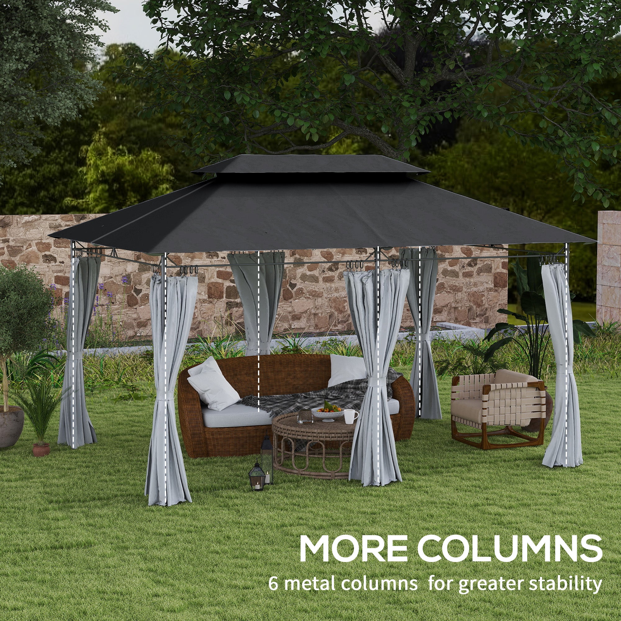 Outsunny 10' x 13' Patio Gazebo, Double Roof Outdoor Gazebo Canopy Shelter with Curtains, Solid Metal Frame for Garden, Lawn, Backyard and Deck, Dark Gry