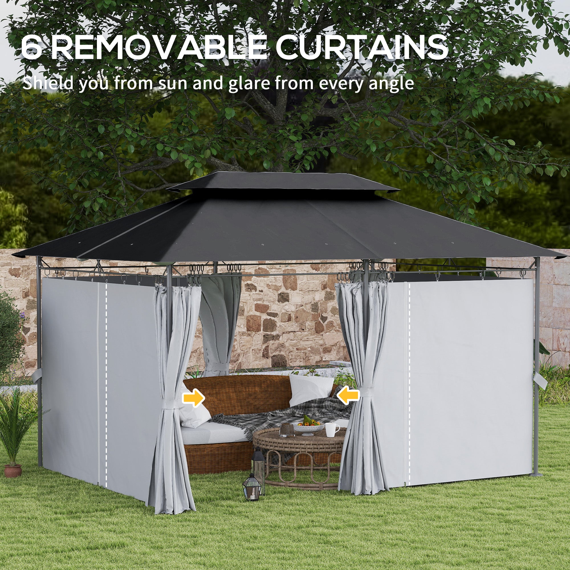 Outsunny 10' x 13' Patio Gazebo, Double Roof Outdoor Gazebo Canopy Shelter with Curtains, Solid Metal Frame for Garden, Lawn, Backyard and Deck, Dark Gry