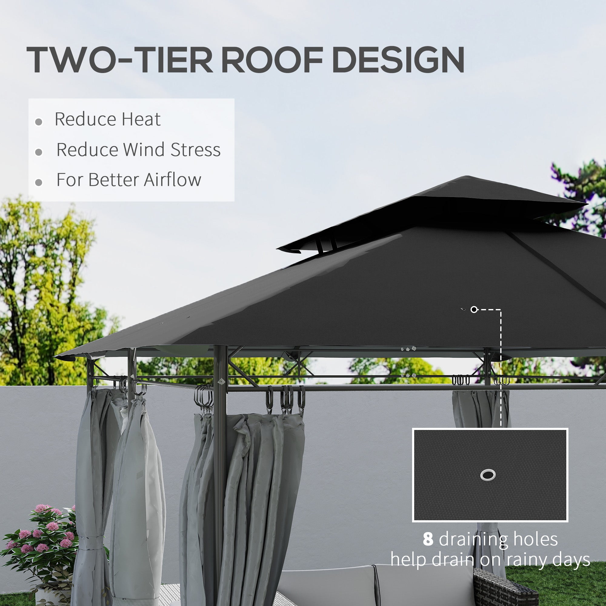 Outsunny 10' x 13' Patio Gazebo, Double Roof Outdoor Gazebo Canopy Shelter with Curtains, Solid Metal Frame for Garden, Lawn, Backyard and Deck, Dark Gry
