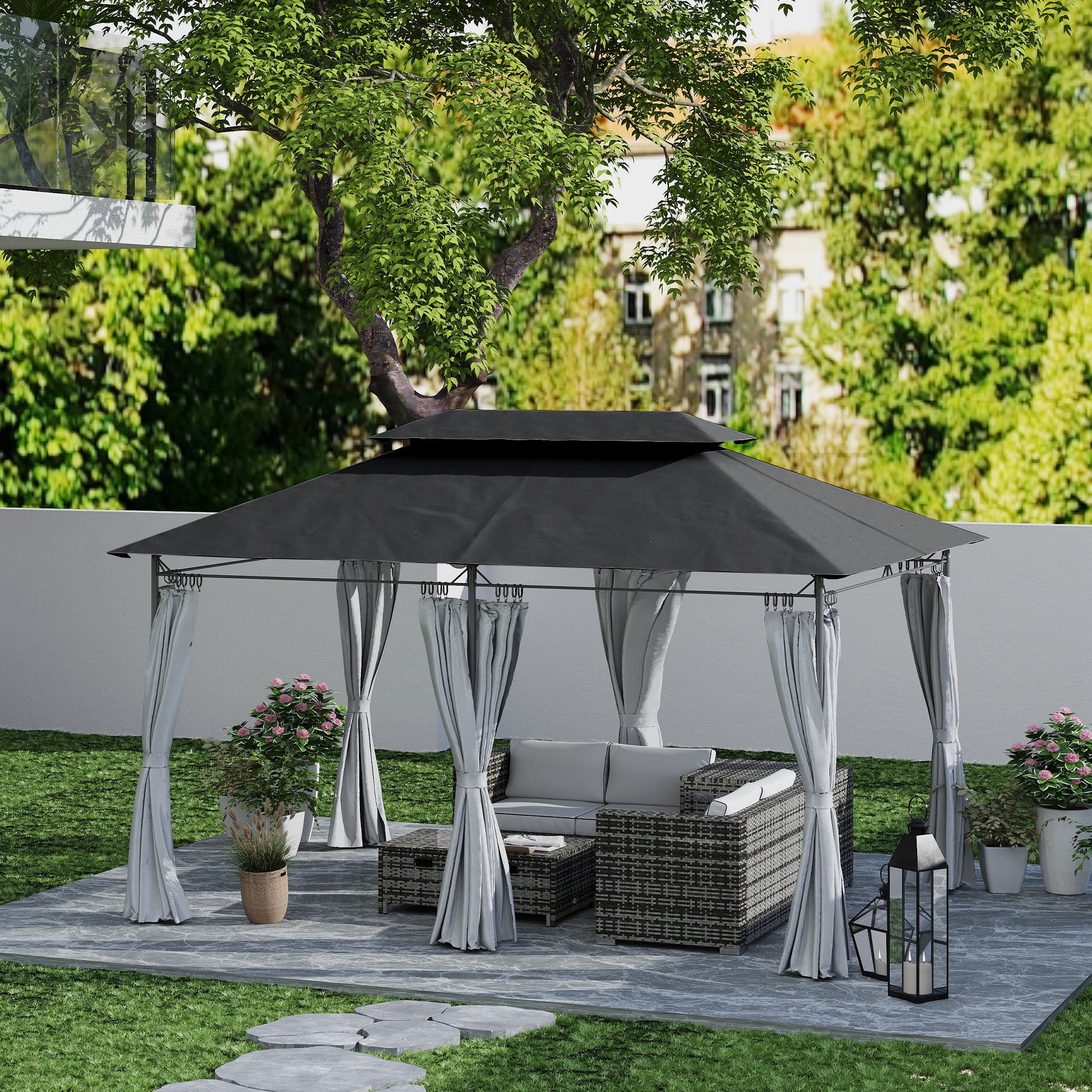 Outsunny 10' x 13' Patio Gazebo, Double Roof Outdoor Gazebo Canopy Shelter with Curtains, Solid Metal Frame for Garden, Lawn, Backyard and Deck, Dark Gry