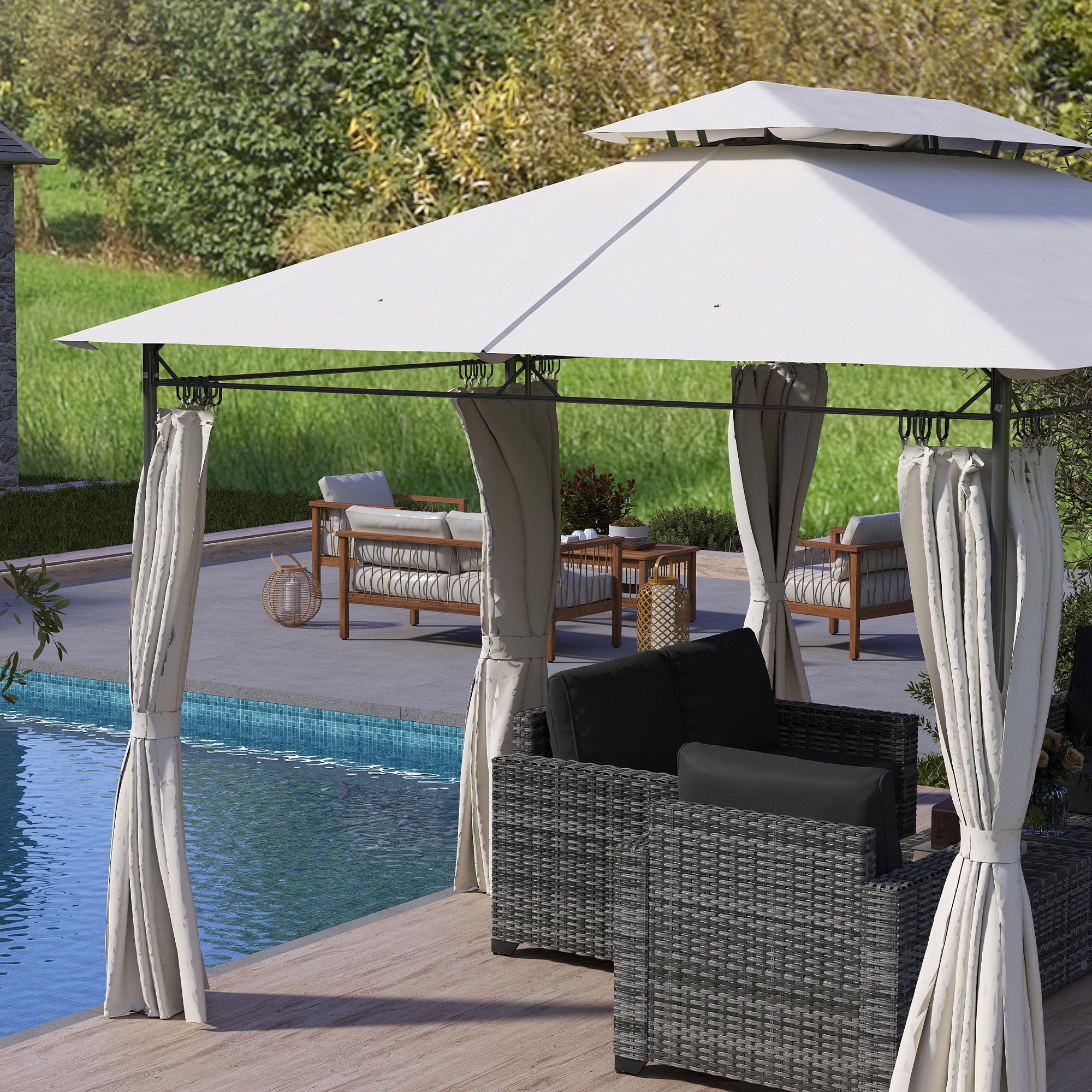 Outsunny 10' x 13' Patio Gazebo, Double Roof Outdoor Gazebo Canopy Shelter with Curtains, Solid Metal Frame for Garden, Lawn, Backyard and Deck, Dark Gry