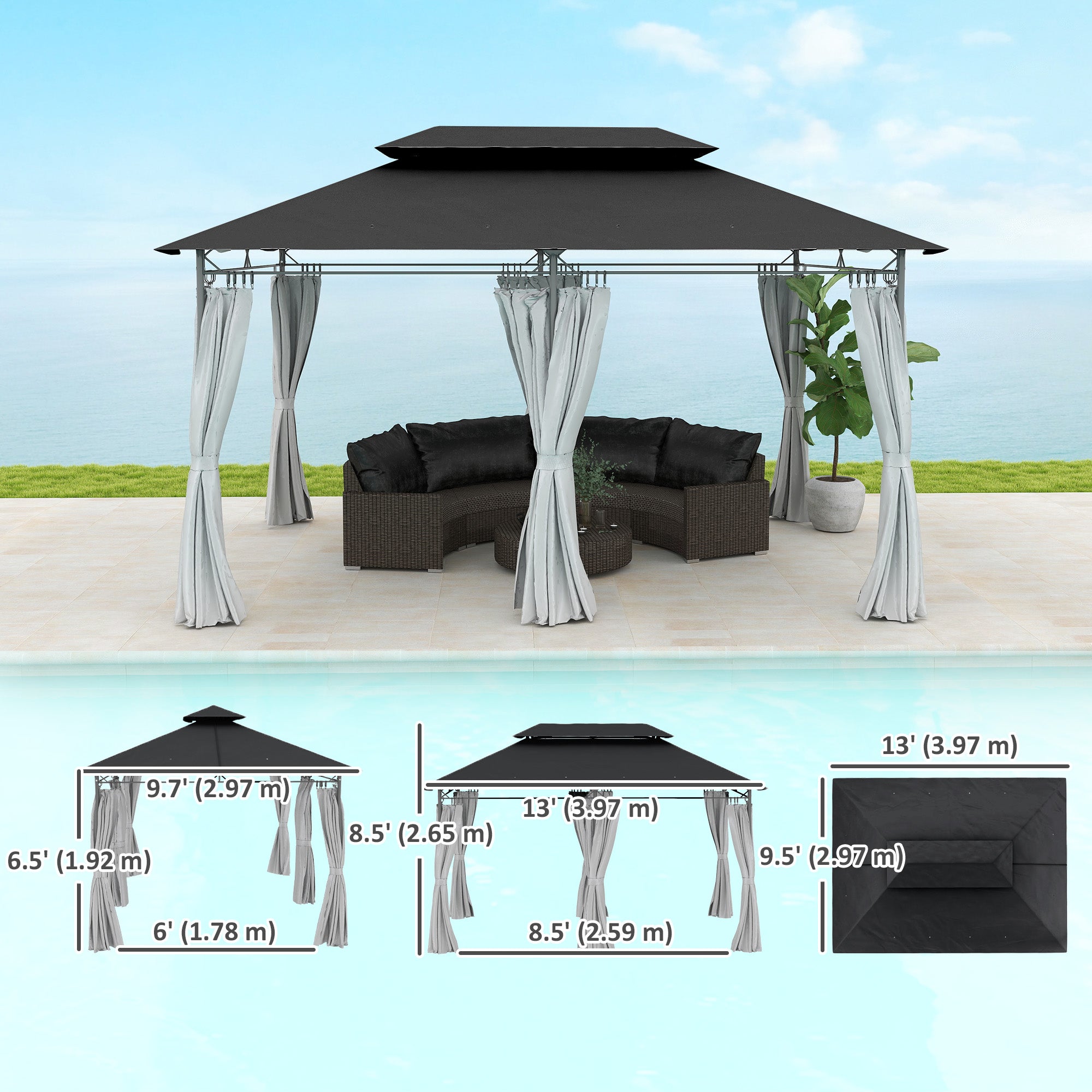 Outsunny 10' x 13' Patio Gazebo, Double Roof Outdoor Gazebo Canopy Shelter with Curtains, Solid Metal Frame for Garden, Lawn, Backyard and Deck, Dark Gry