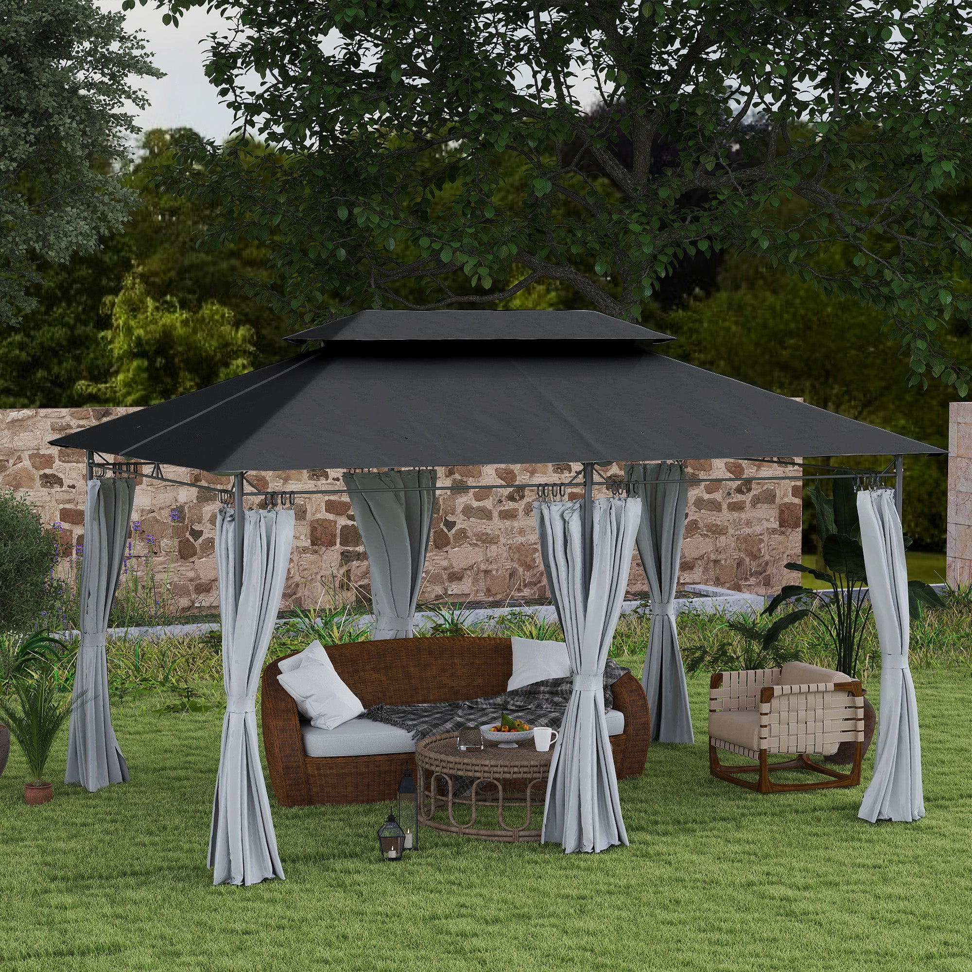 Outsunny 10' x 13' Patio Gazebo, Double Roof Outdoor Gazebo Canopy Shelter with Curtains, Solid Metal Frame for Garden, Lawn, Backyard and Deck, Dark Gry
